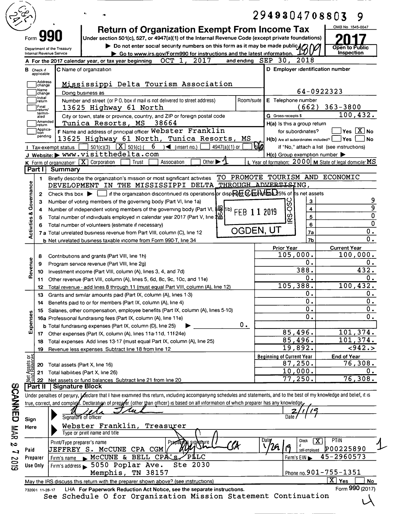 Image of first page of 2017 Form 990O for Mississippi Delta Tourism Association