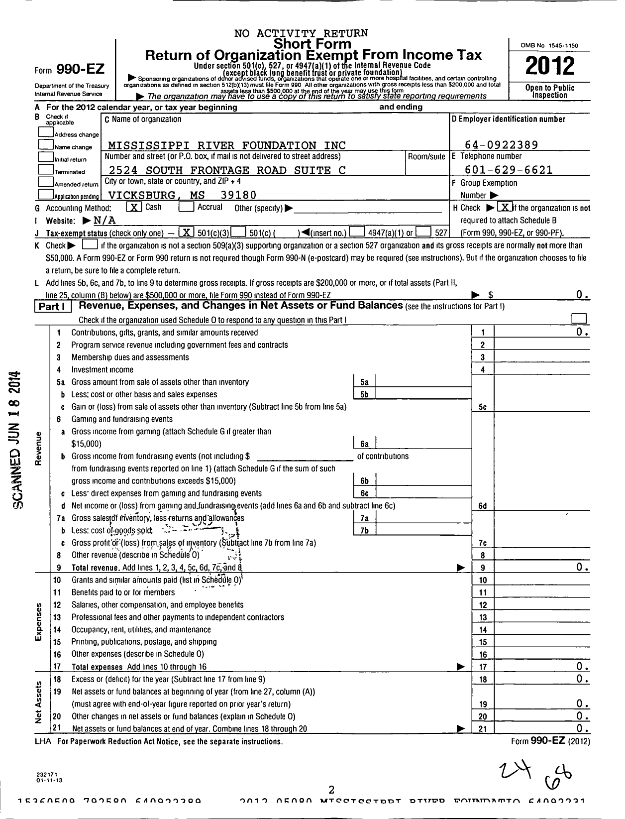 Image of first page of 2012 Form 990EZ for Mississippi River Foundation
