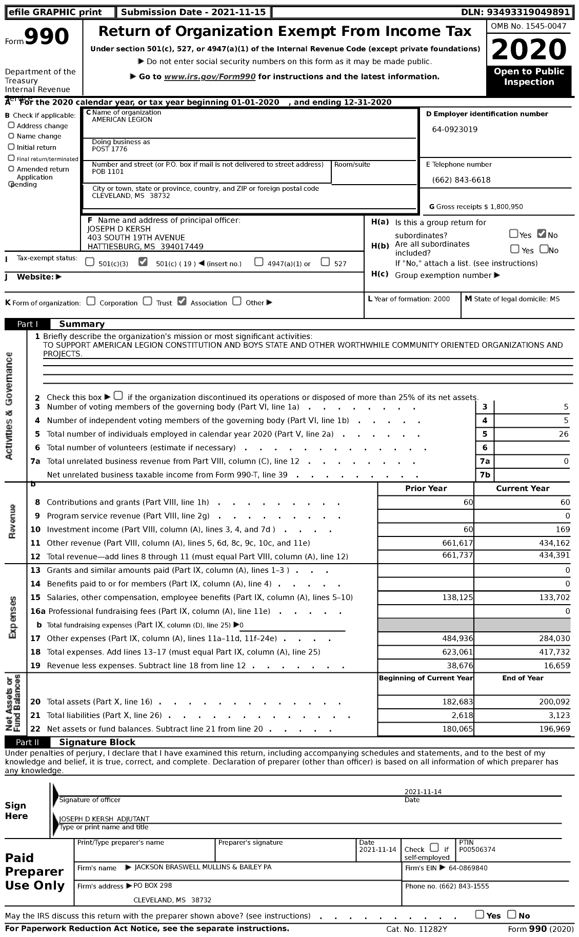 Image of first page of 2020 Form 990 for American Legion - Post 1776