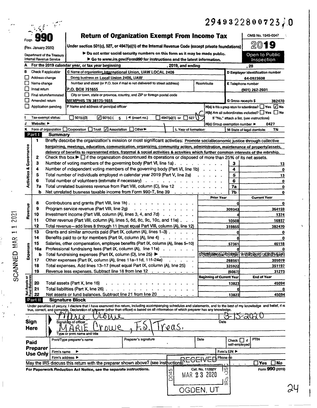 Image of first page of 2019 Form 990O for UAW - Local Union 2406 UAW