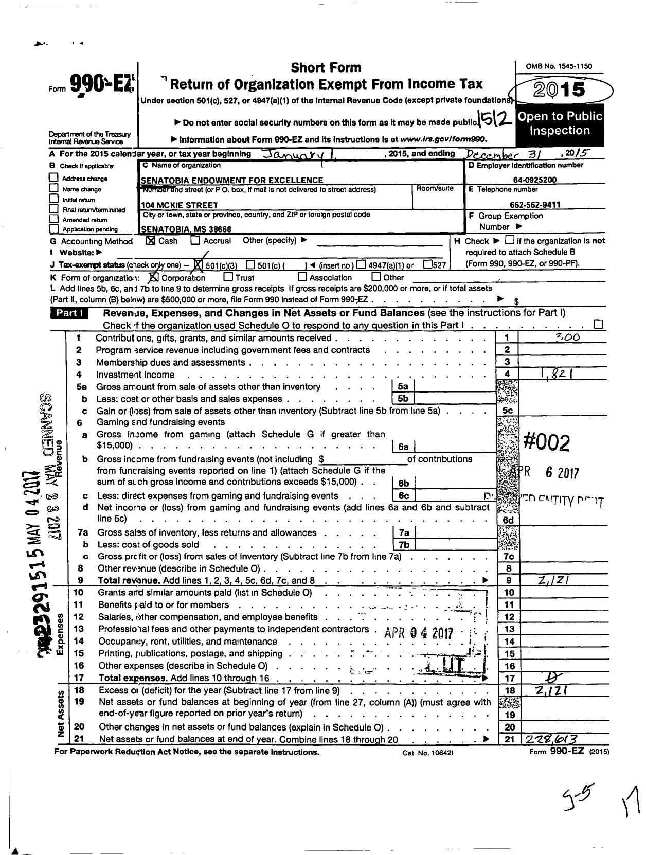 Image of first page of 2015 Form 990EZ for Senatobia Endowment for Excellence in Education