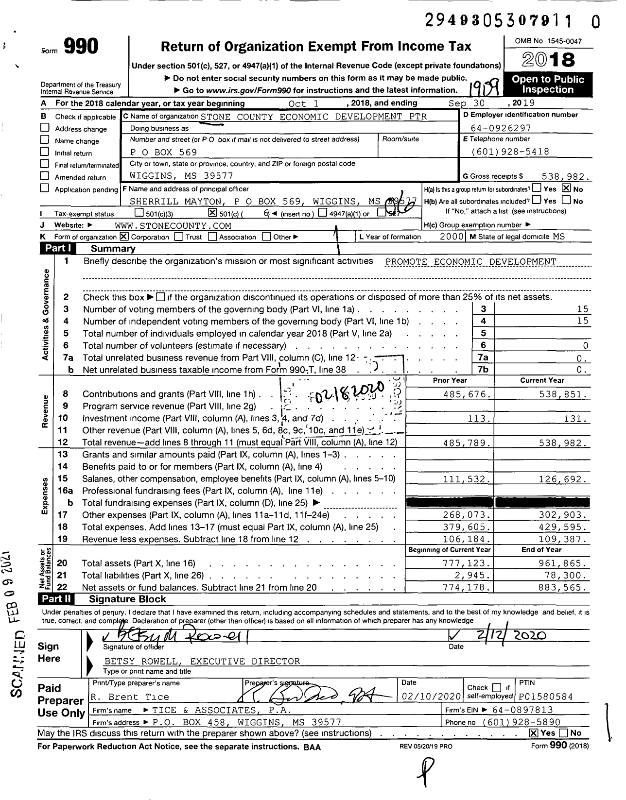 Image of first page of 2018 Form 990O for Stone County Economic Development PTR