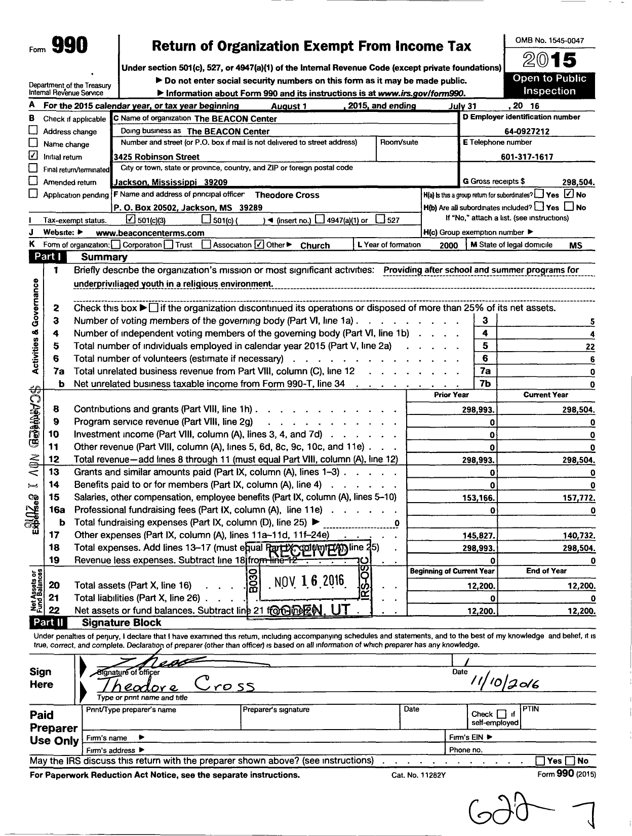 Image of first page of 2015 Form 990 for Beacon Center