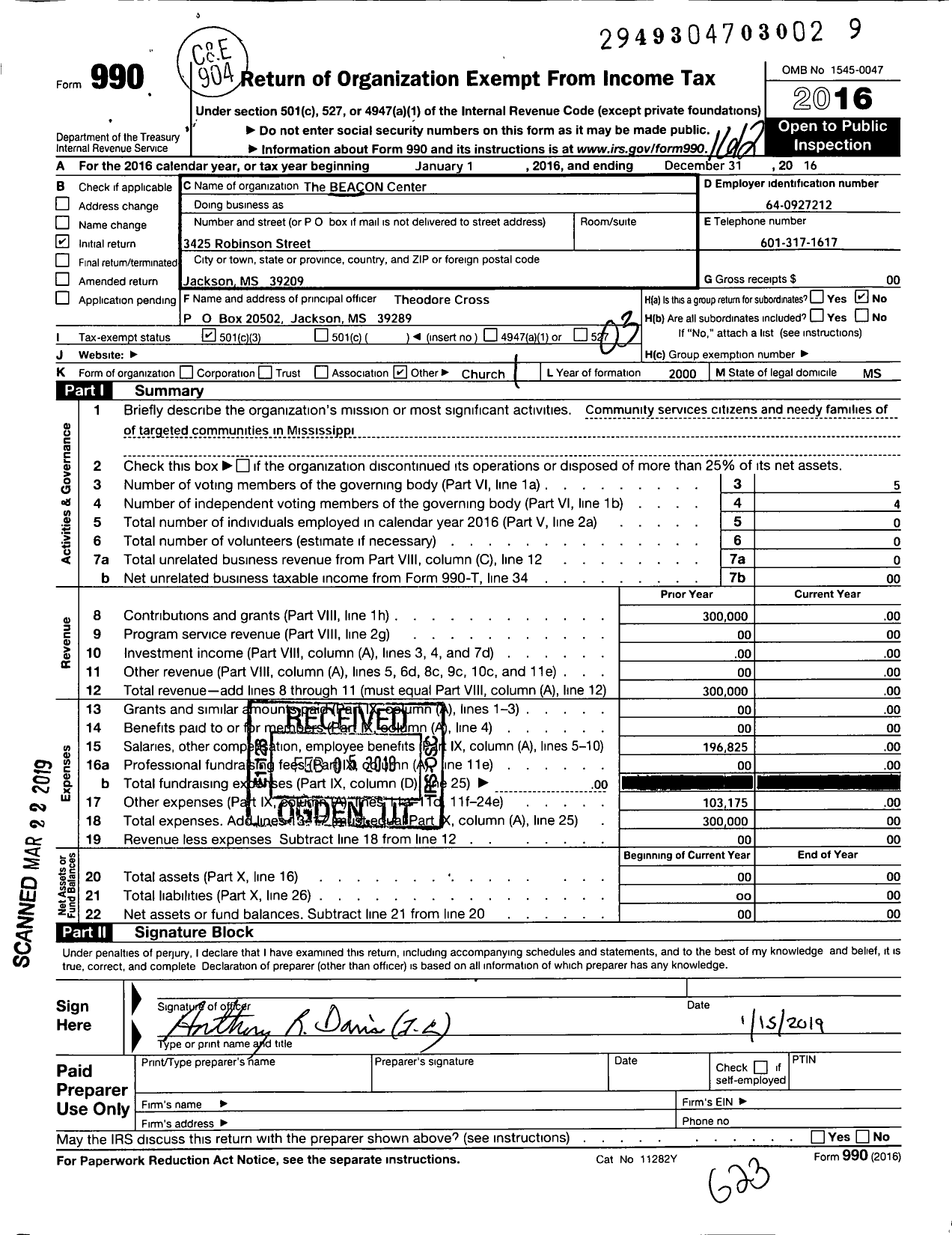 Image of first page of 2016 Form 990 for Beacon Center