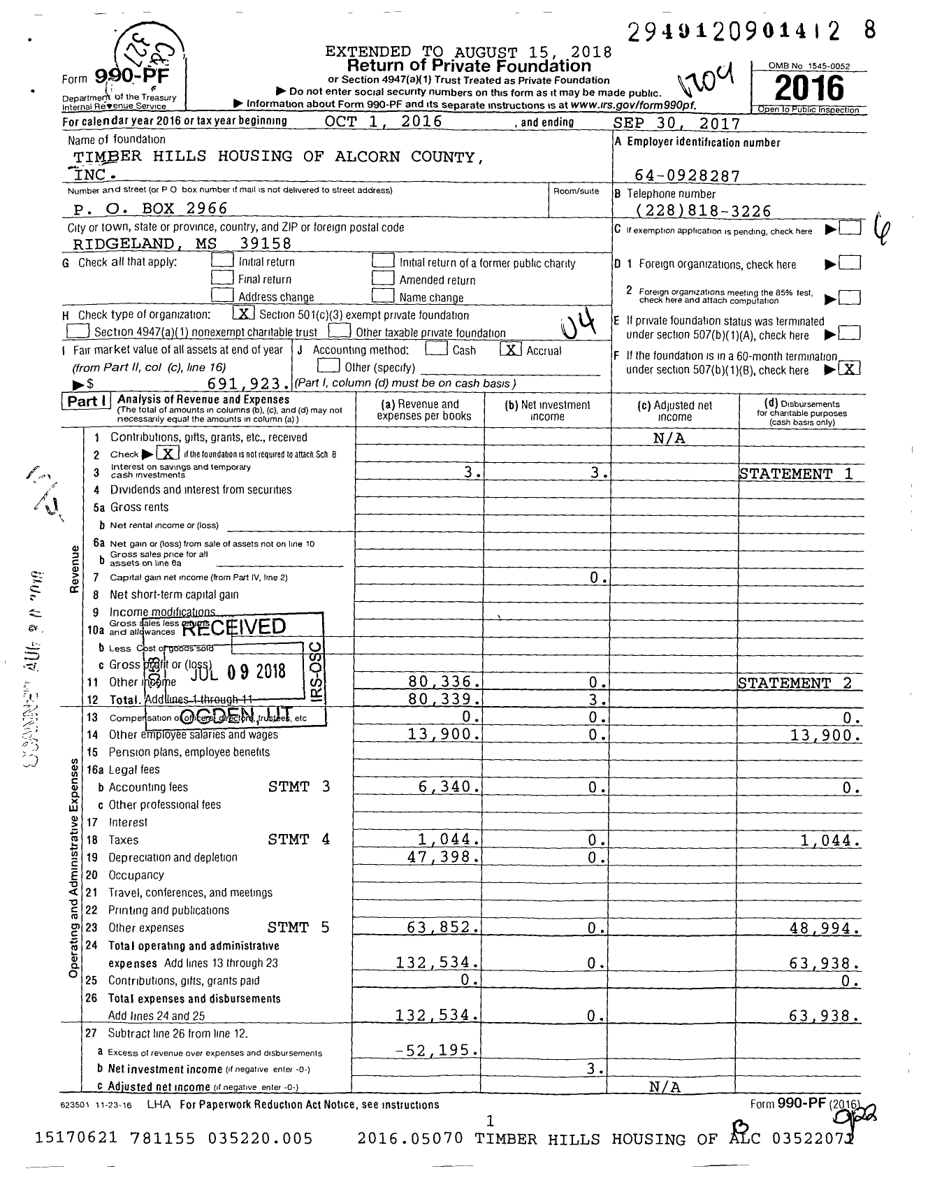 Image of first page of 2016 Form 990PF for Timber Hills Housing of Alcorn County