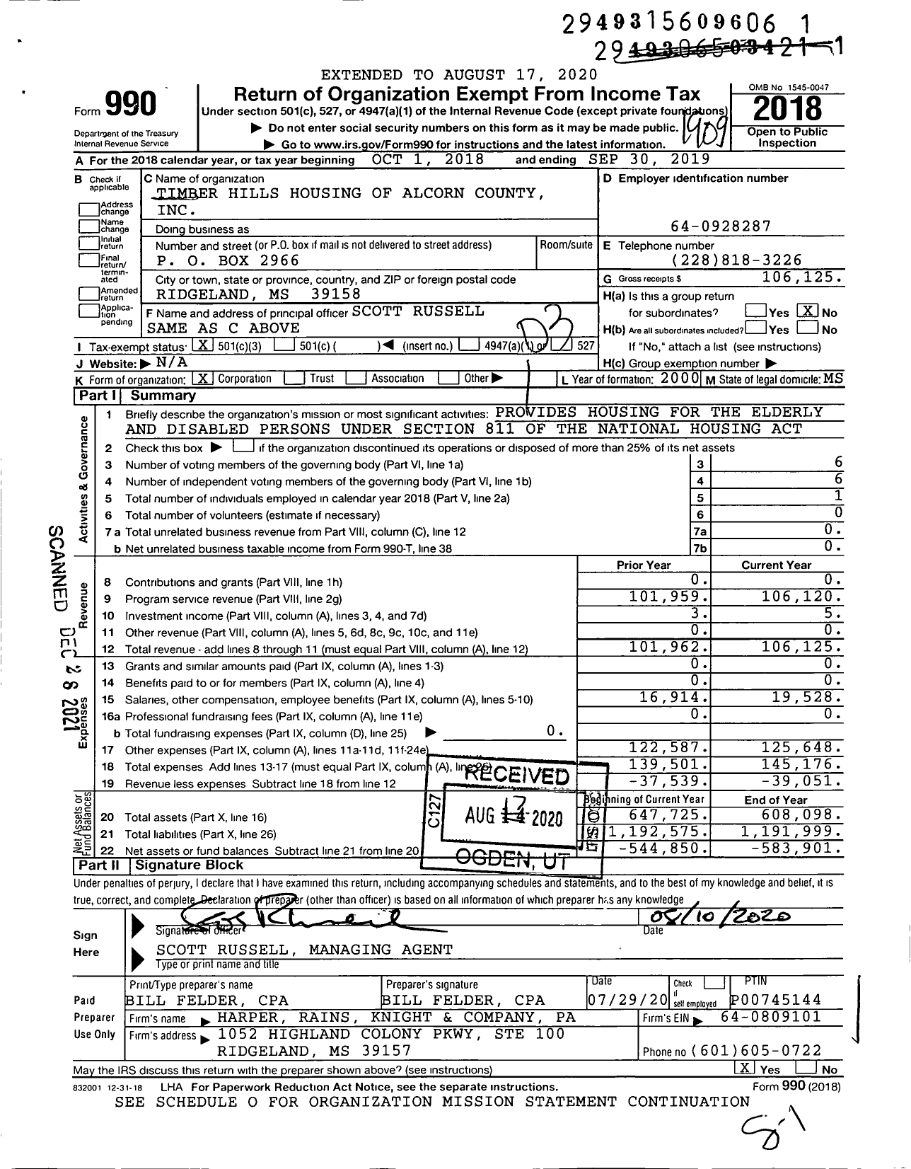 Image of first page of 2018 Form 990 for Timber Hills Housing of Alcorn County