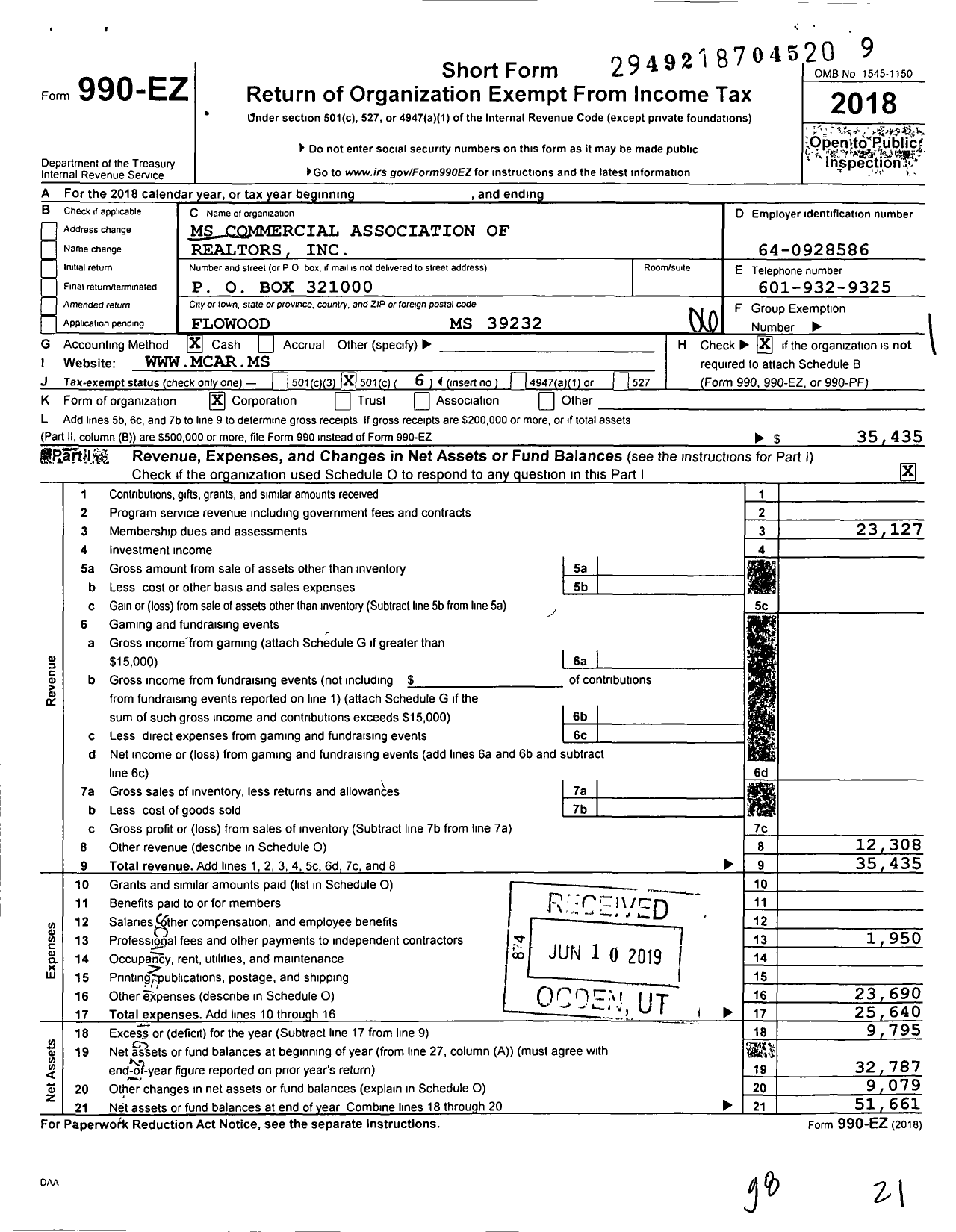 Image of first page of 2018 Form 990EO for Mississippi Commercial Association of Realtors