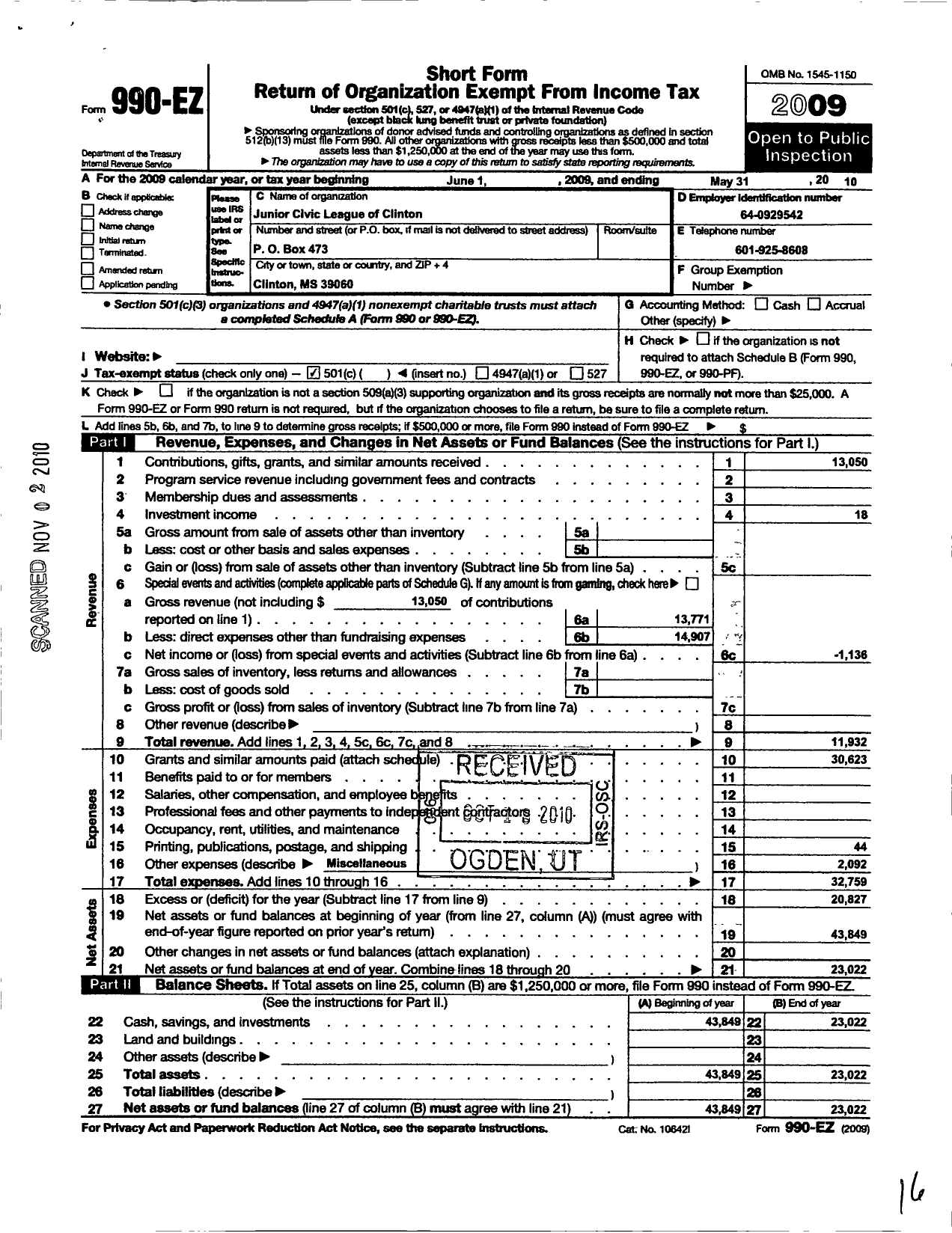 Image of first page of 2009 Form 990EO for Junior Civic League of Clinton