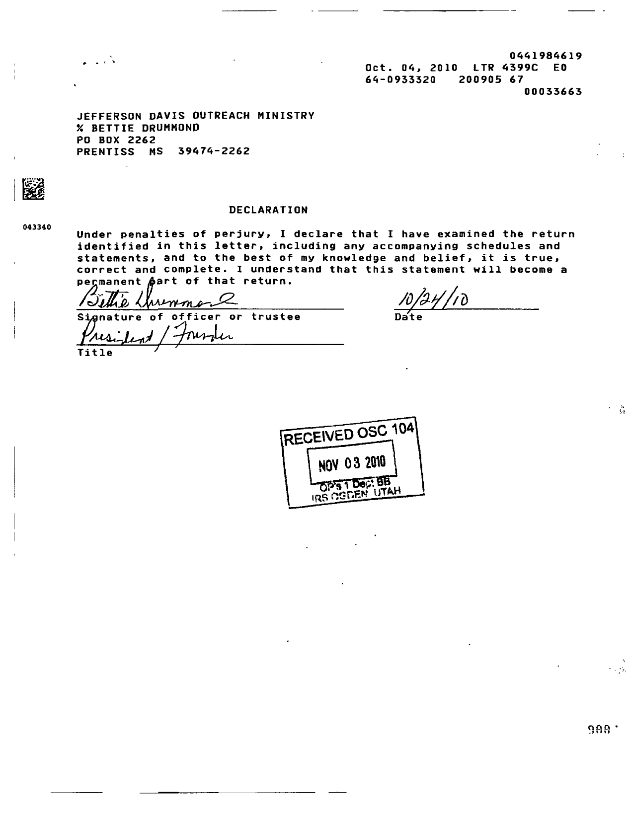 Image of first page of 2008 Form 990ER for Jefferson Davis Outreach Ministry