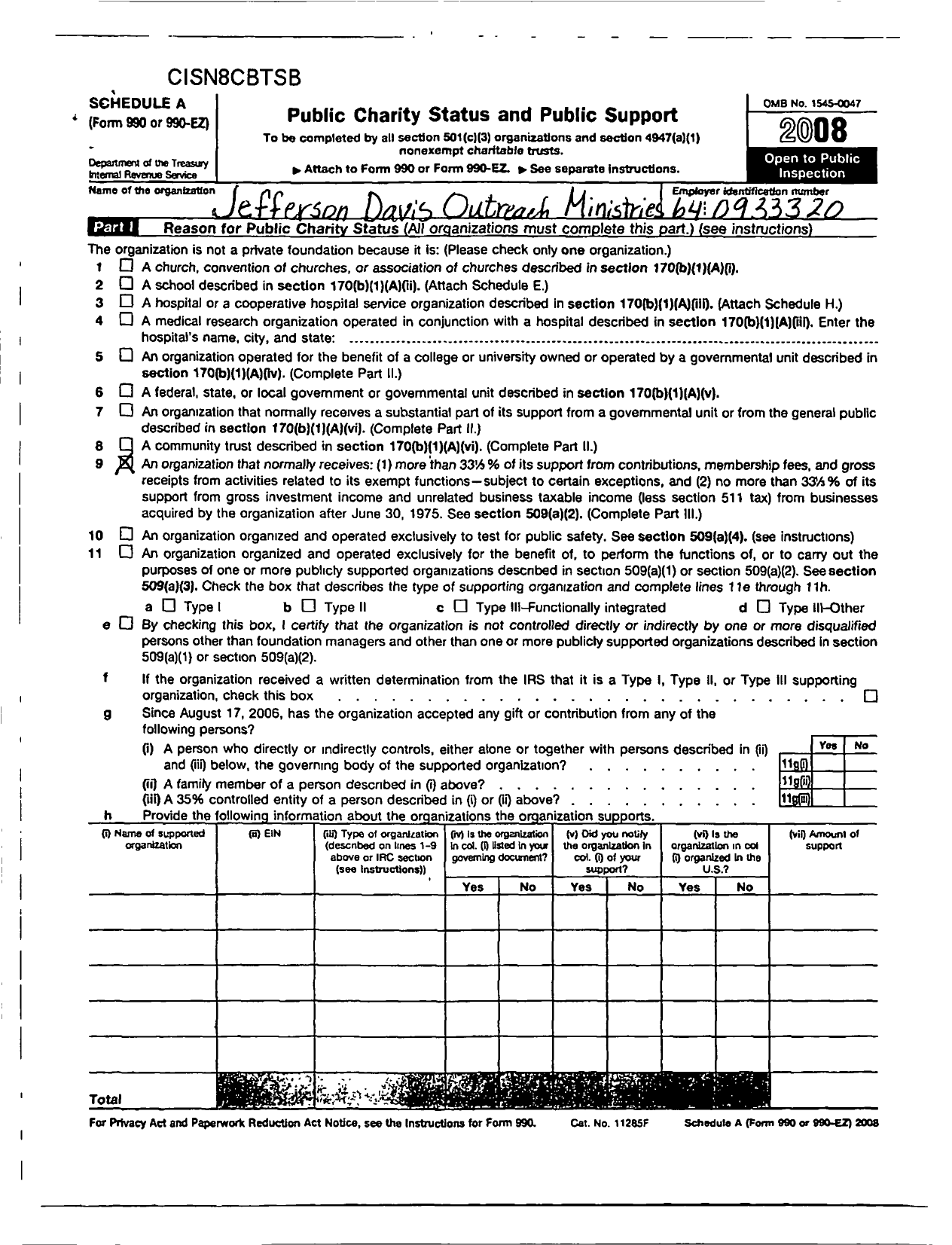 Image of first page of 2008 Form 990ER for Jefferson Davis Outreach Ministry