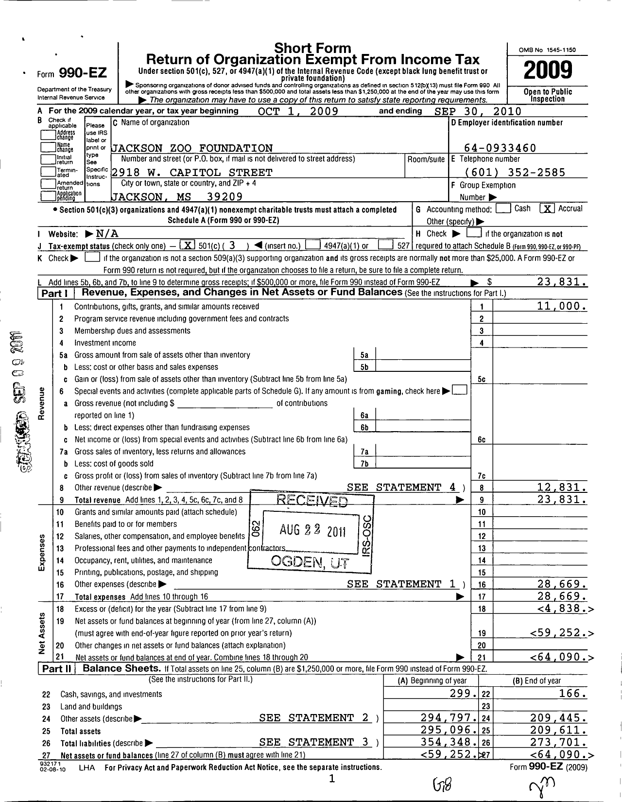 Image of first page of 2009 Form 990EZ for Jackson Zoo Foundation