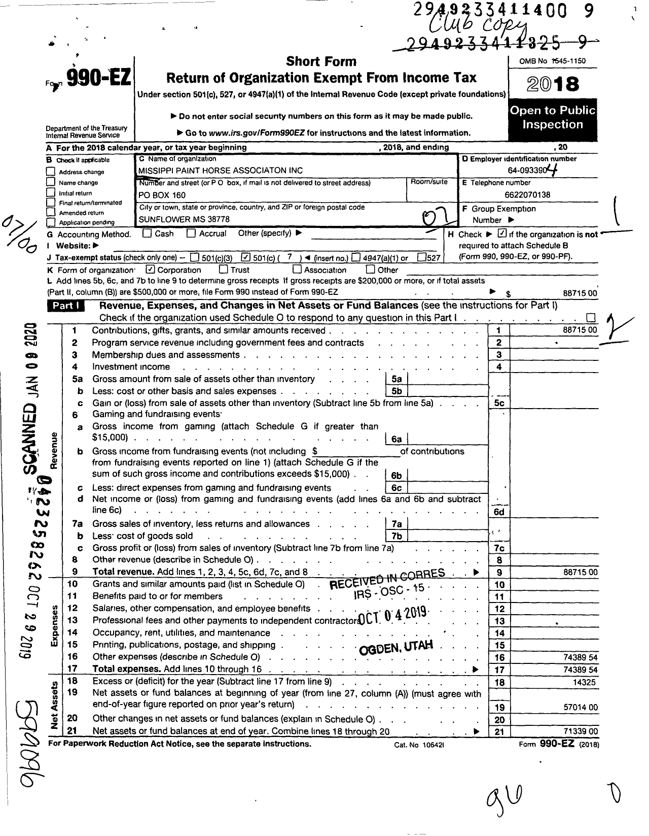 Image of first page of 2018 Form 990EO for Mississippi Paint Horse Association