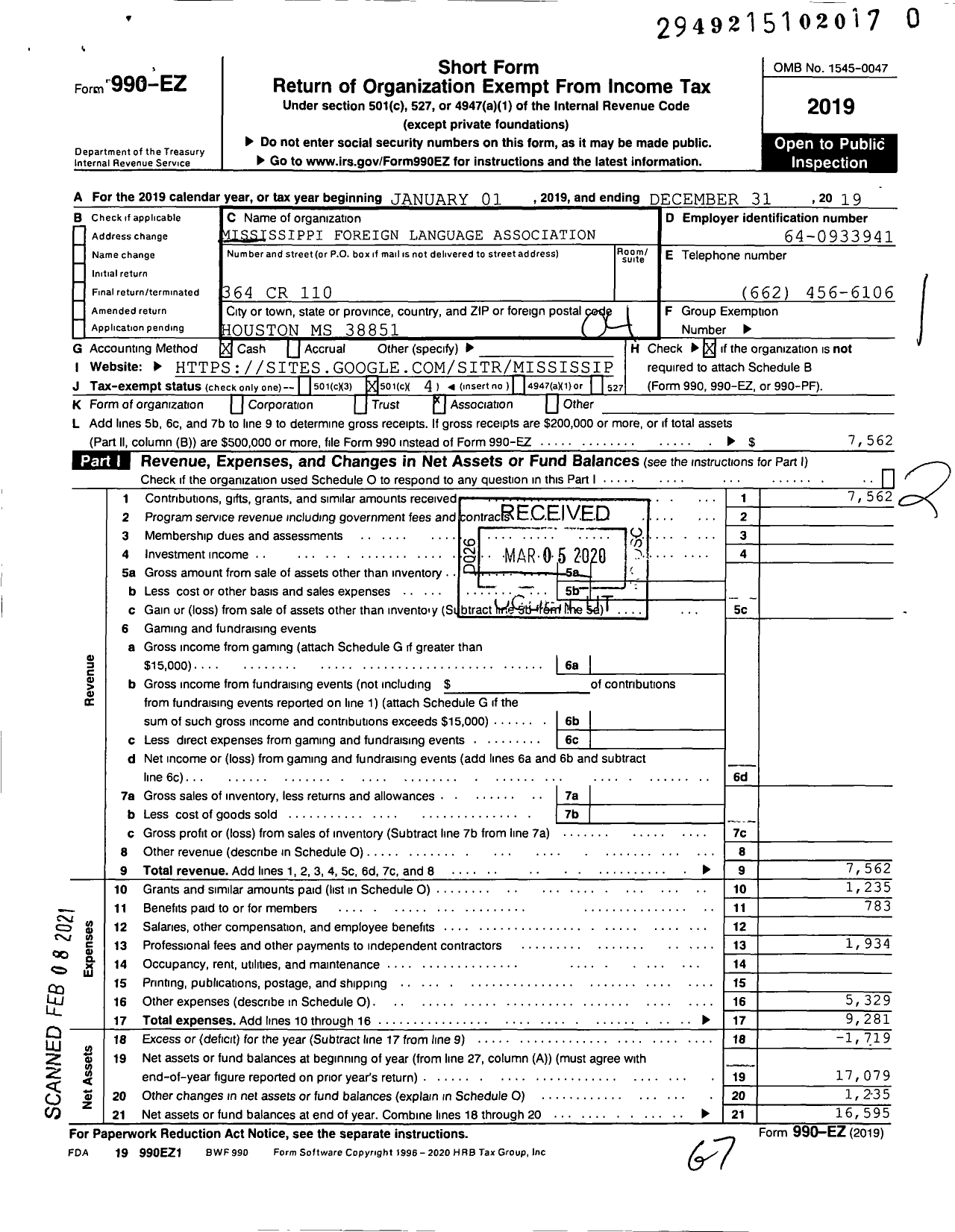 Image of first page of 2019 Form 990EO for Mississippi Foreign Language Association