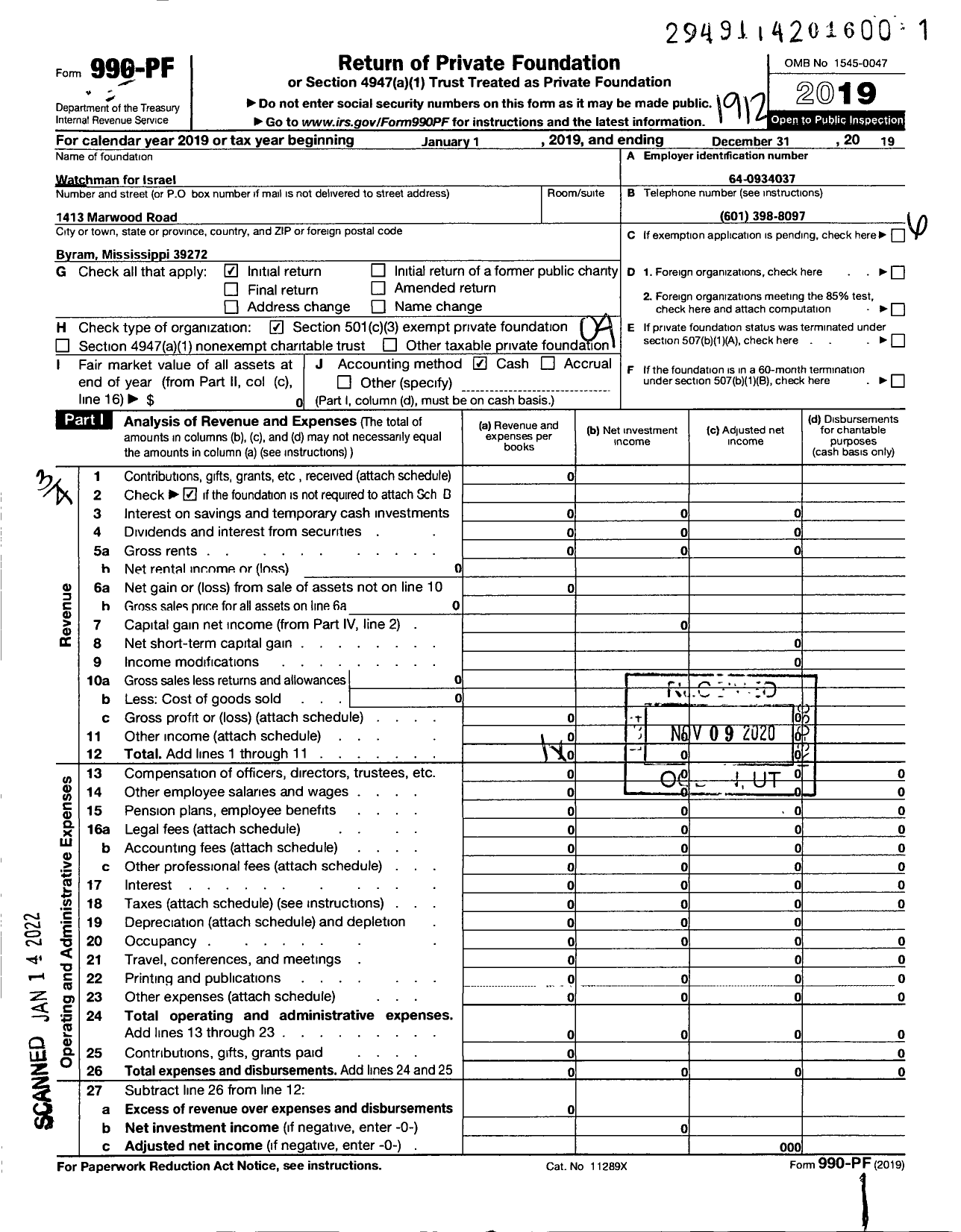 Image of first page of 2019 Form 990PF for Watchman for Israel