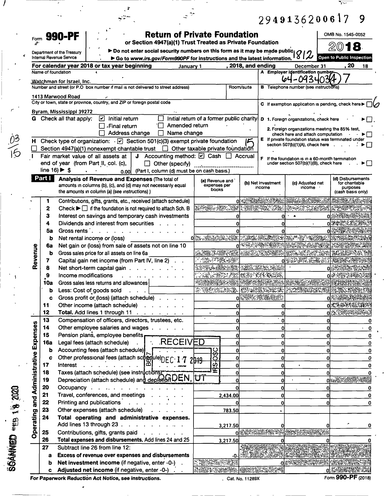 Image of first page of 2018 Form 990PF for Watchman for Israel