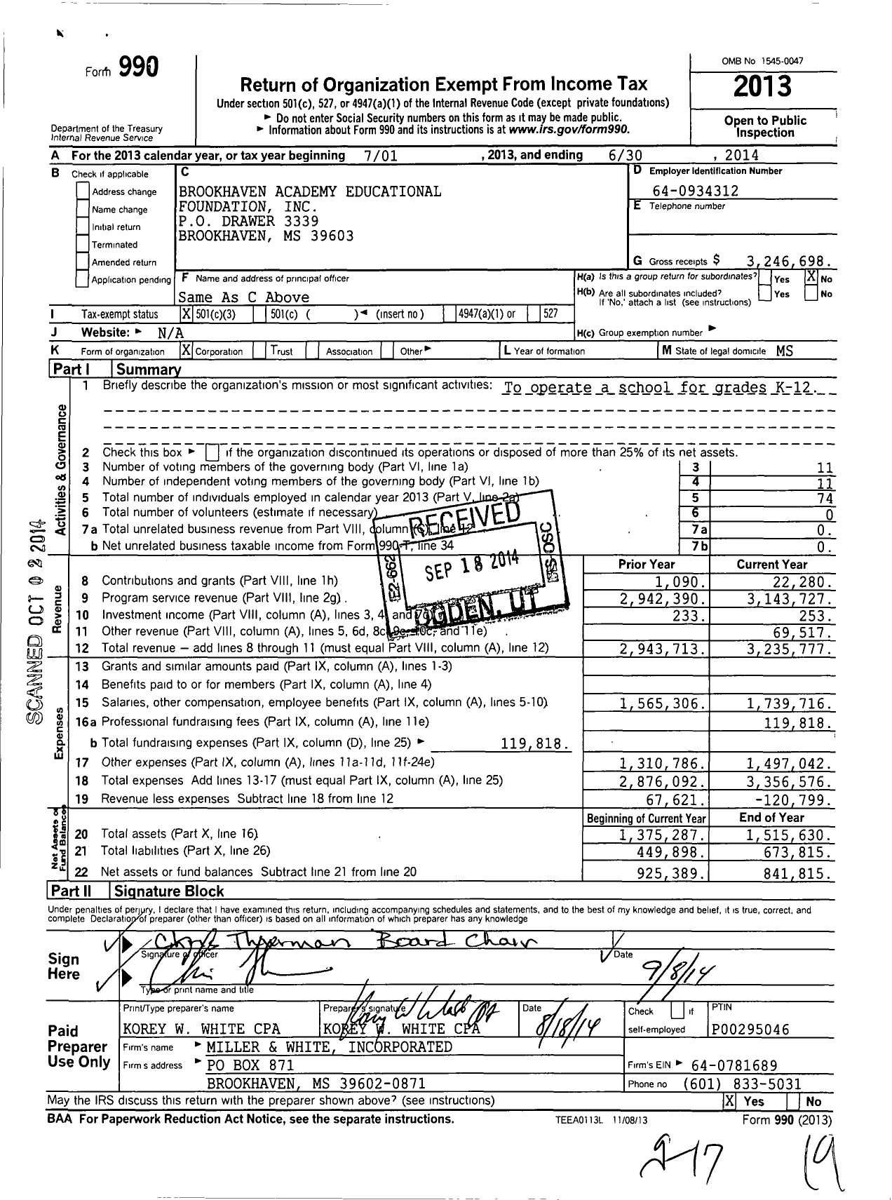 Image of first page of 2013 Form 990 for Brookhaven Academy Educational Foundation Incorporated