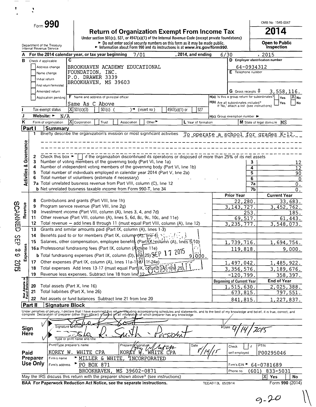 Image of first page of 2014 Form 990 for Brookhaven Academy Educational Foundation Incorporated