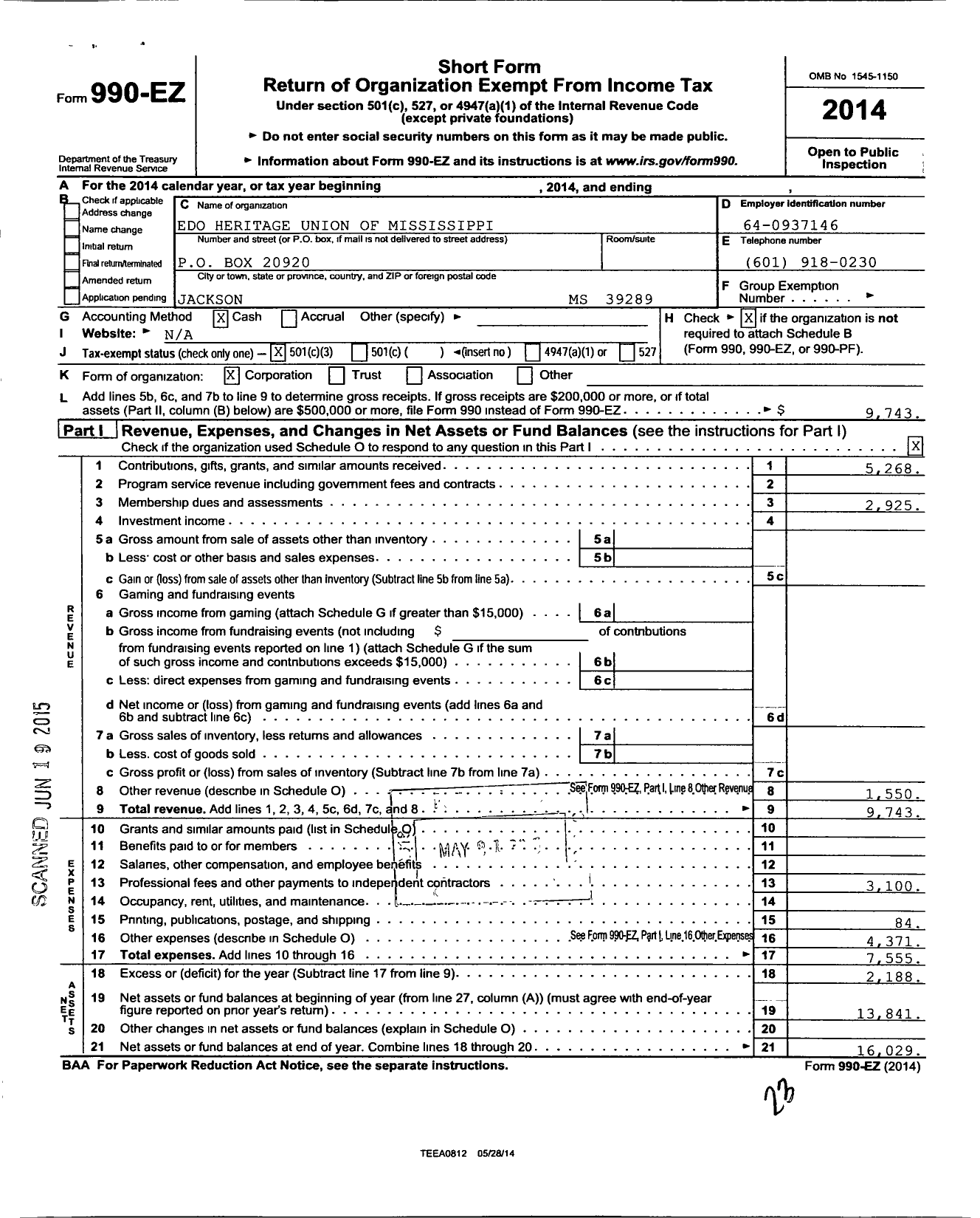 Image of first page of 2014 Form 990EZ for Edo Heritage Union of Mississippi