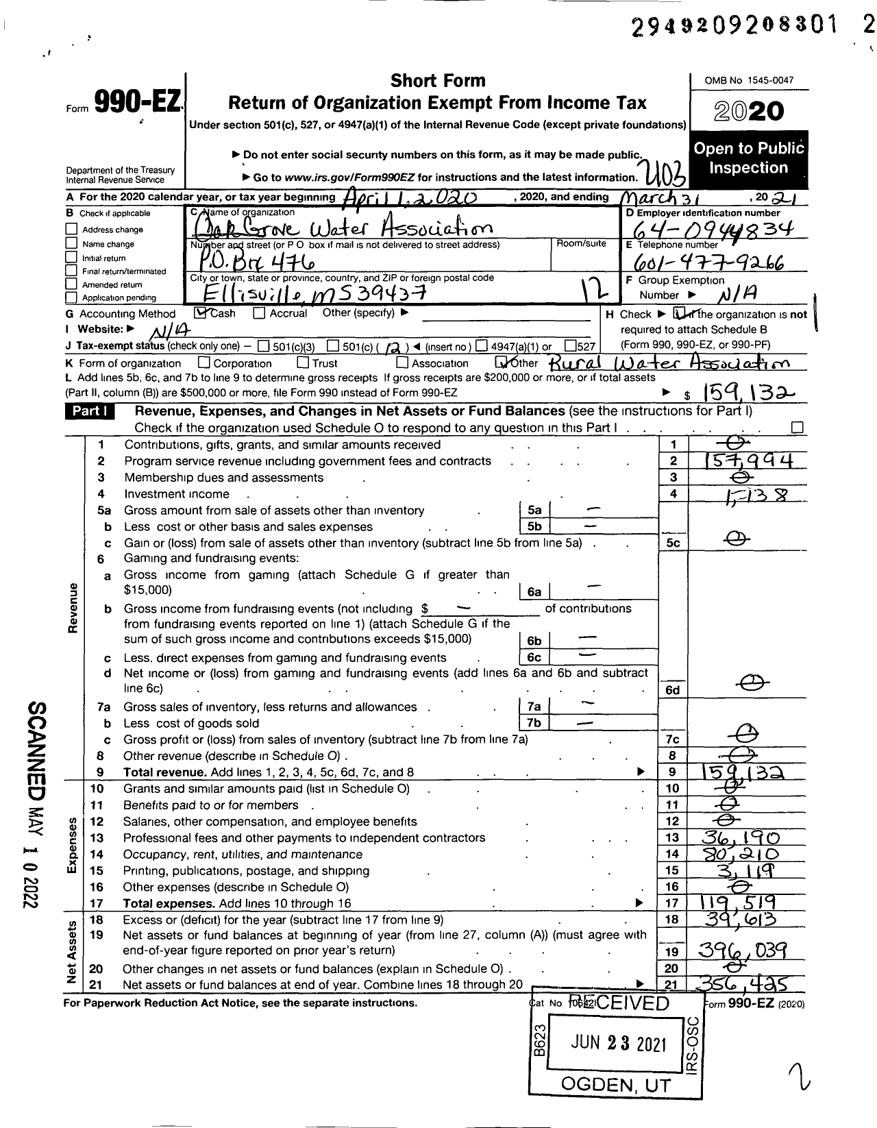 Image of first page of 2020 Form 990EO for Oak Grove Water Association