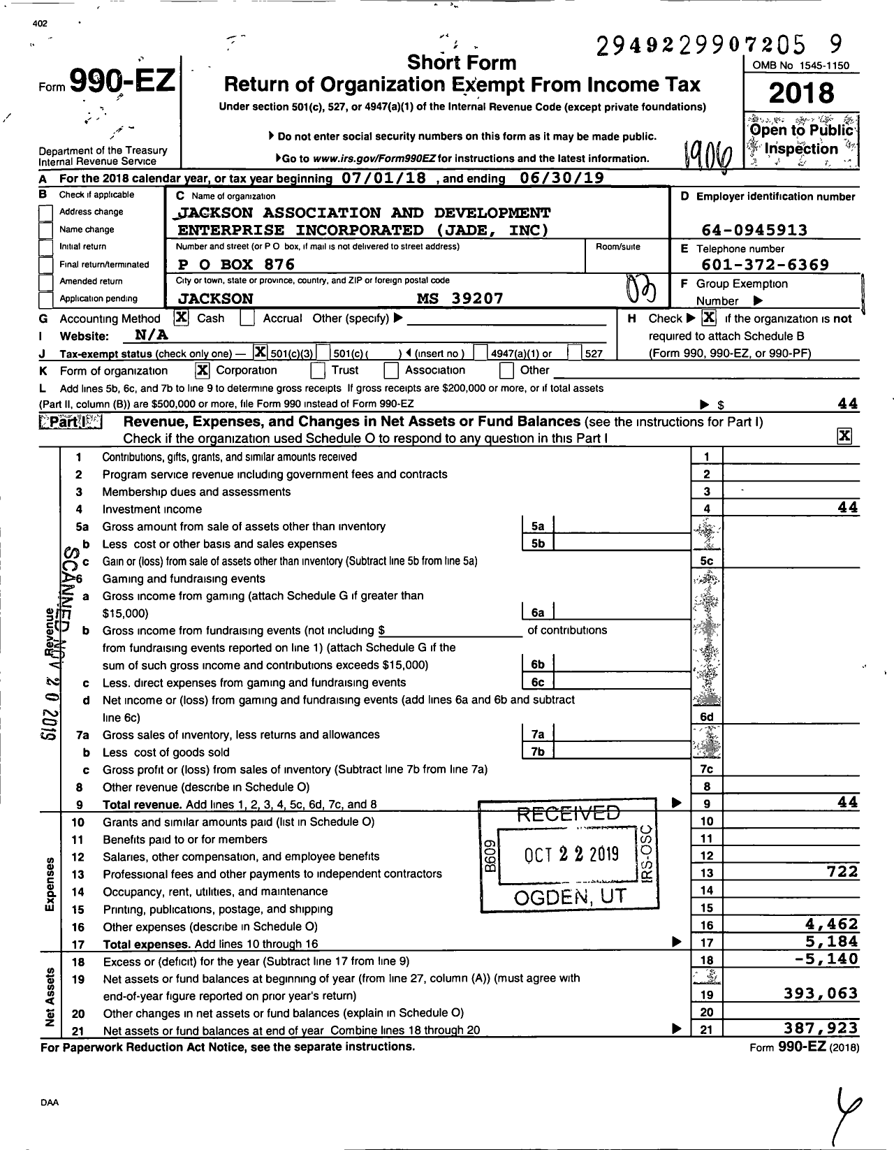 Image of first page of 2018 Form 990EZ for Jackson Association and Development Enterprise Incorporated