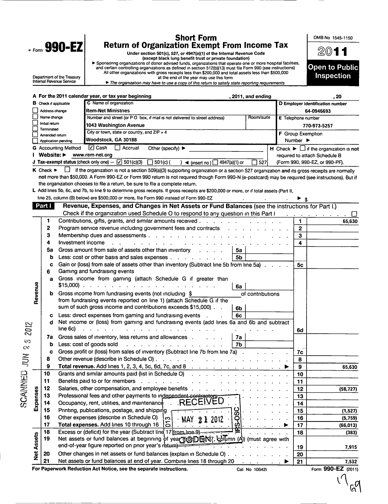 Image of first page of 2011 Form 990EZ for Rem-Net Ministries