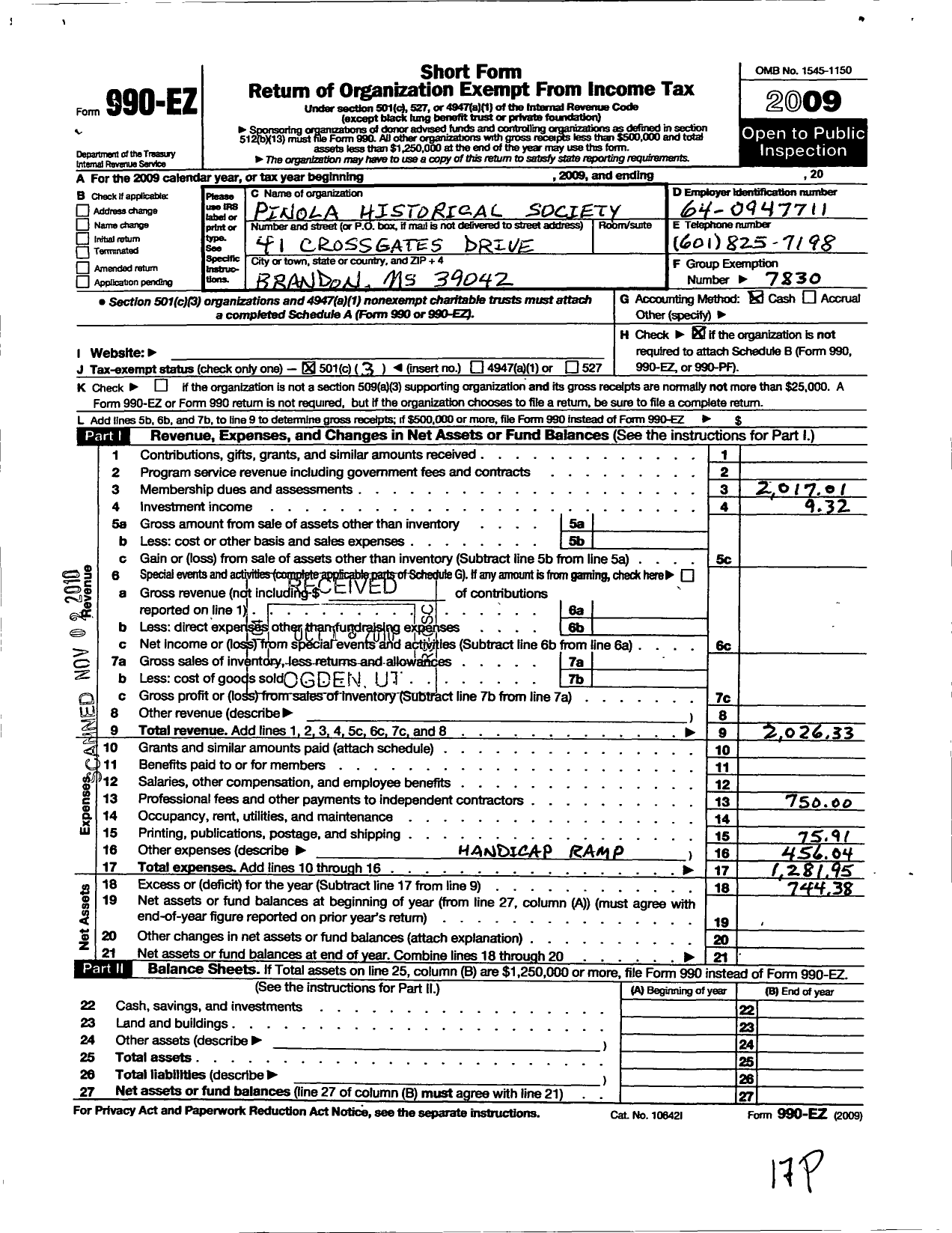 Image of first page of 2009 Form 990EZ for Pinola Historical Society