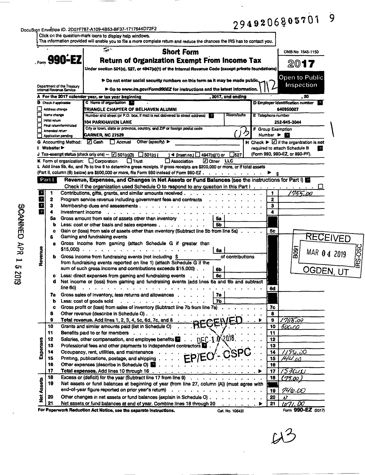 Image of first page of 2017 Form 990EZ for Triangle Chapter of the Belhaven Alumni Club