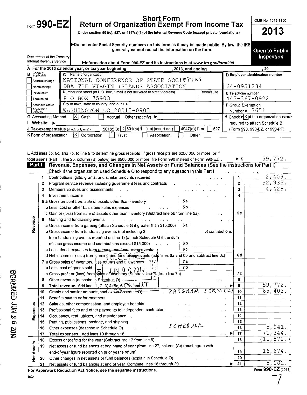 Image of first page of 2013 Form 990EO for National Conference of State Societies / The Virgin Islands Association