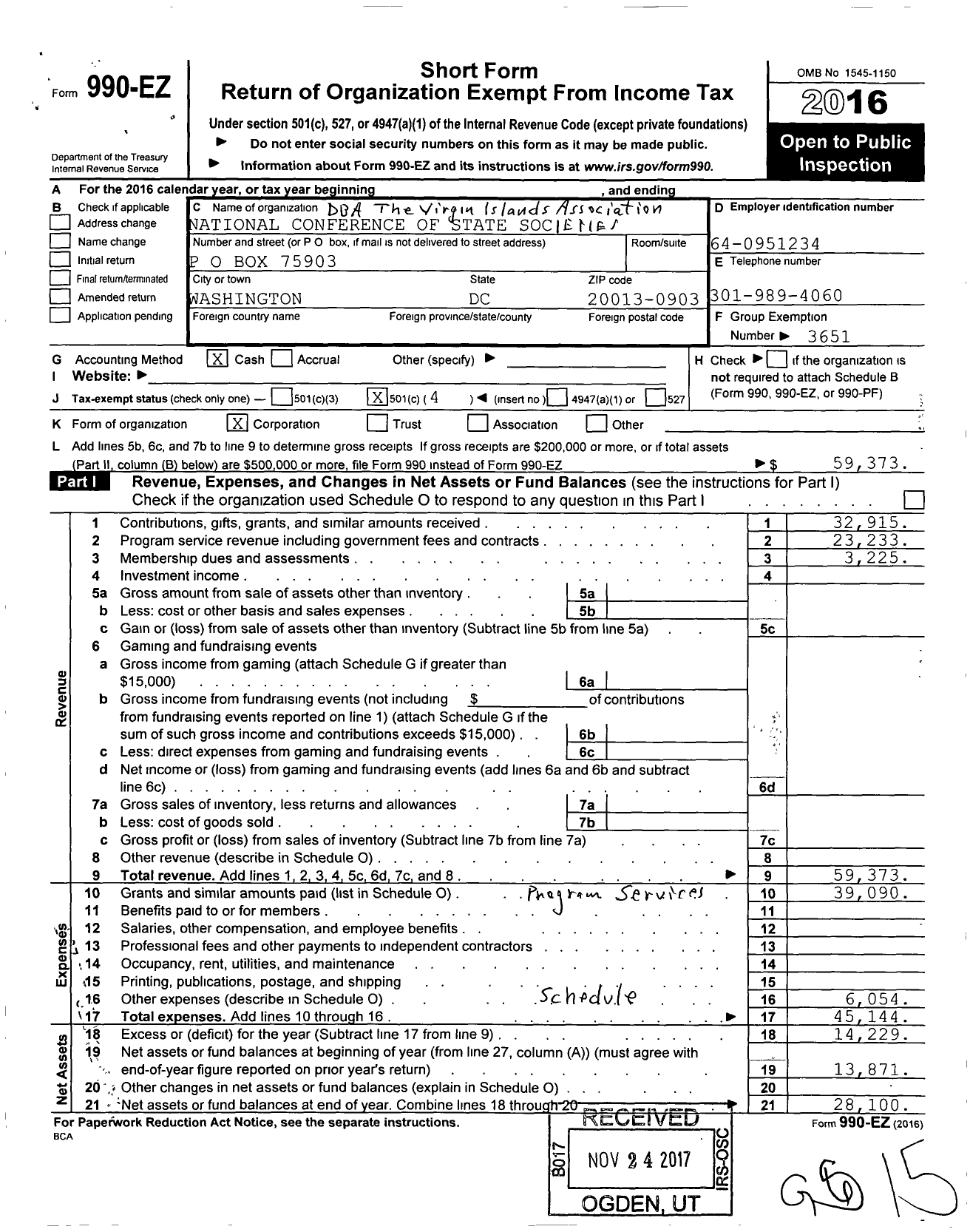 Image of first page of 2016 Form 990EO for National Conference of State Societies / The Virgin Islands Association