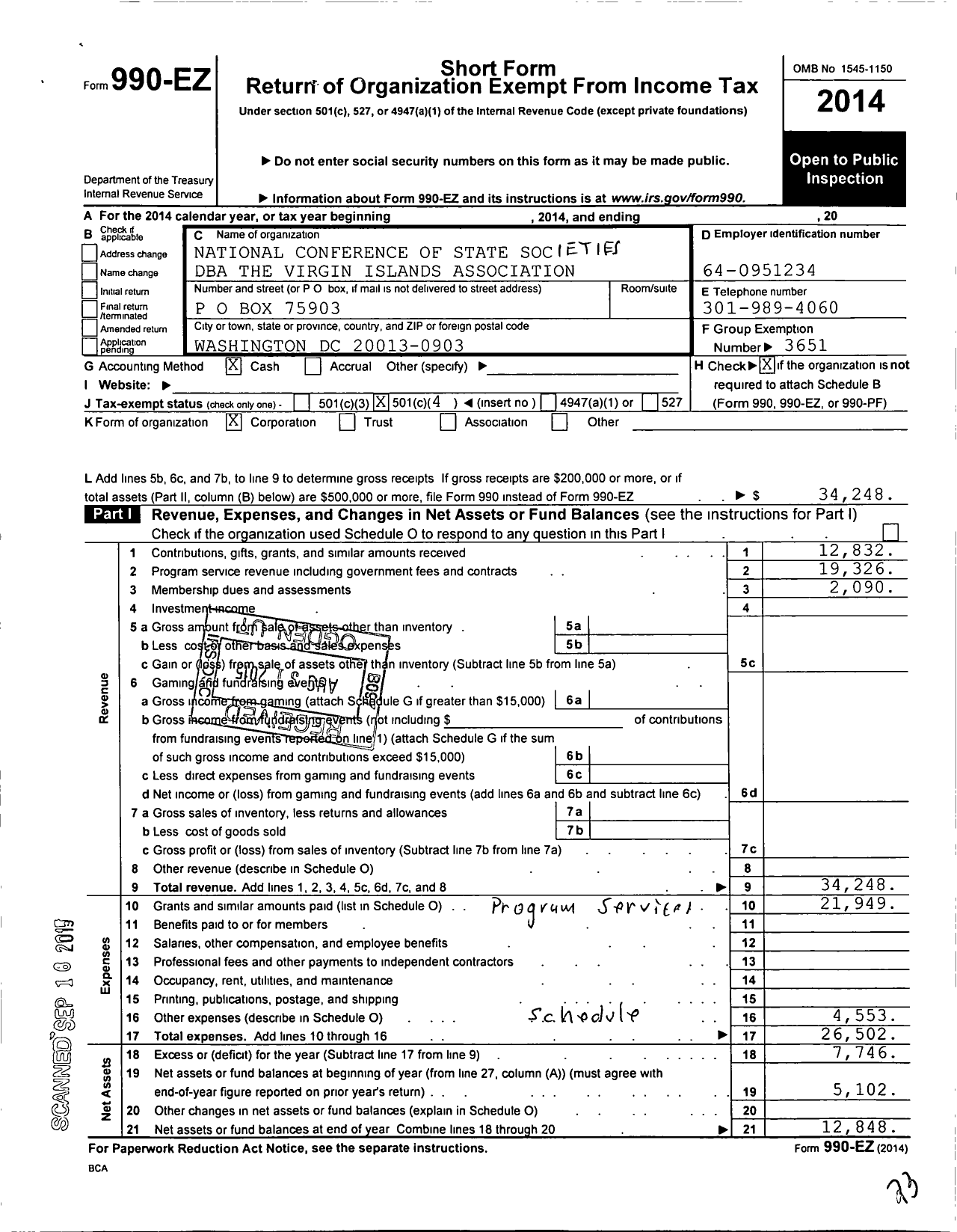 Image of first page of 2014 Form 990EO for National Conference of State Societies / The Virgin Islands Association