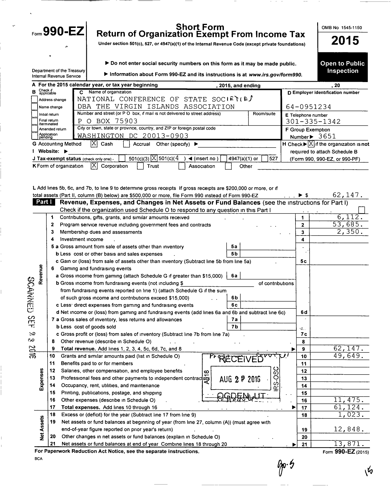 Image of first page of 2015 Form 990EO for National Conference of State Societies / The Virgin Islands Association