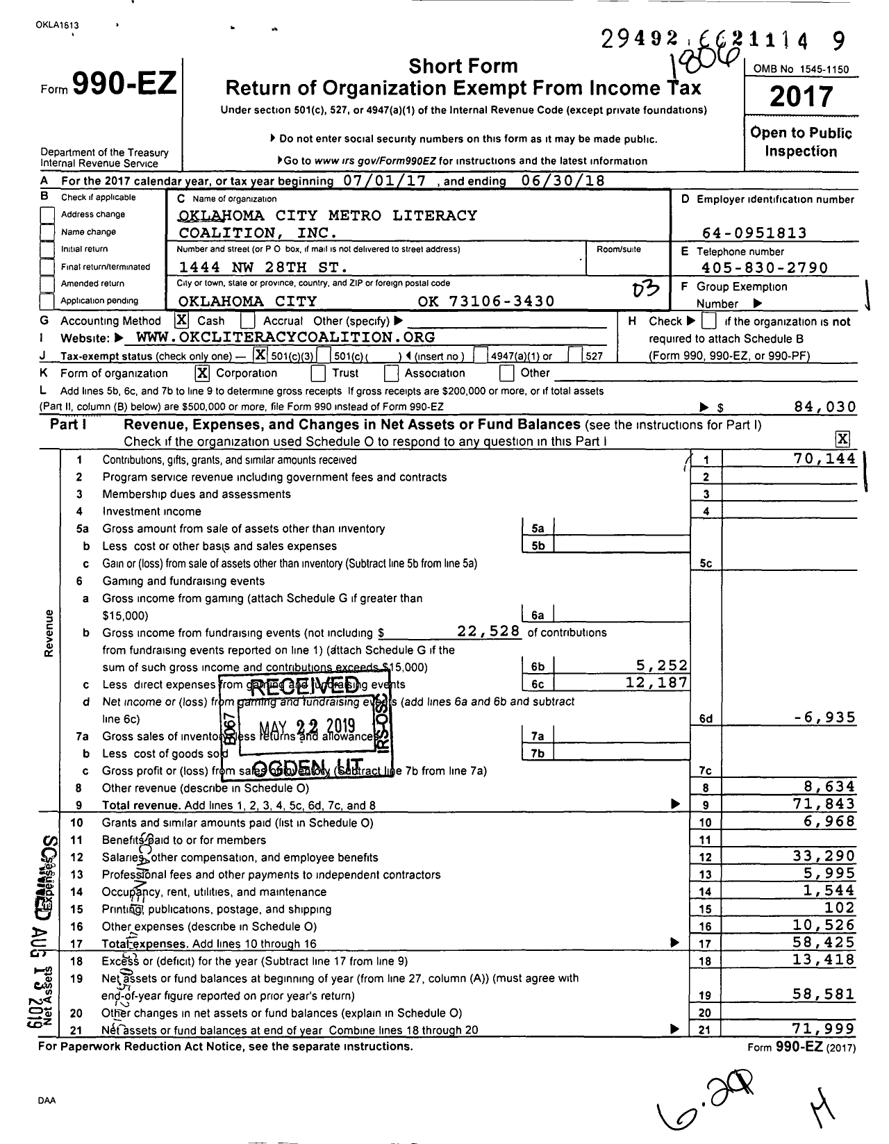 Image of first page of 2017 Form 990EZ for Oklahoma City Metro Literacy Coalition