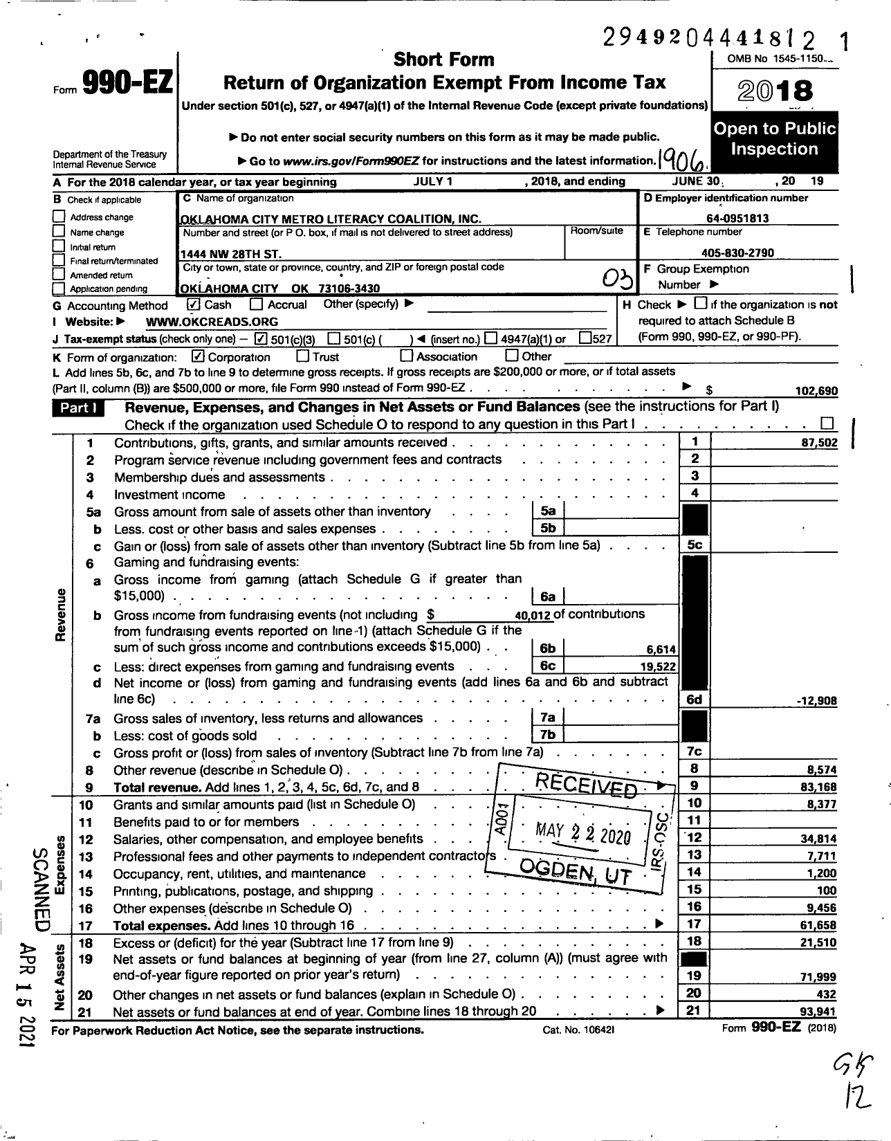 Image of first page of 2018 Form 990EZ for Oklahoma City Metro Literacy Coalition