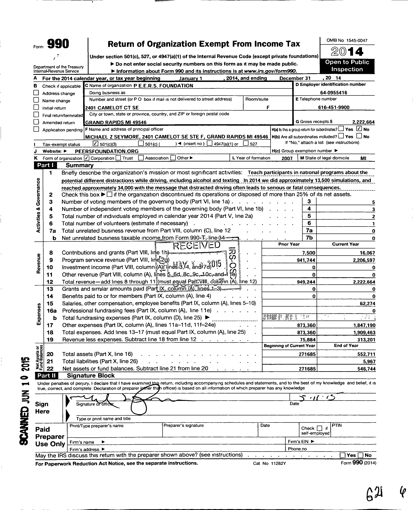 Image of first page of 2014 Form 990 for Peers Foundation