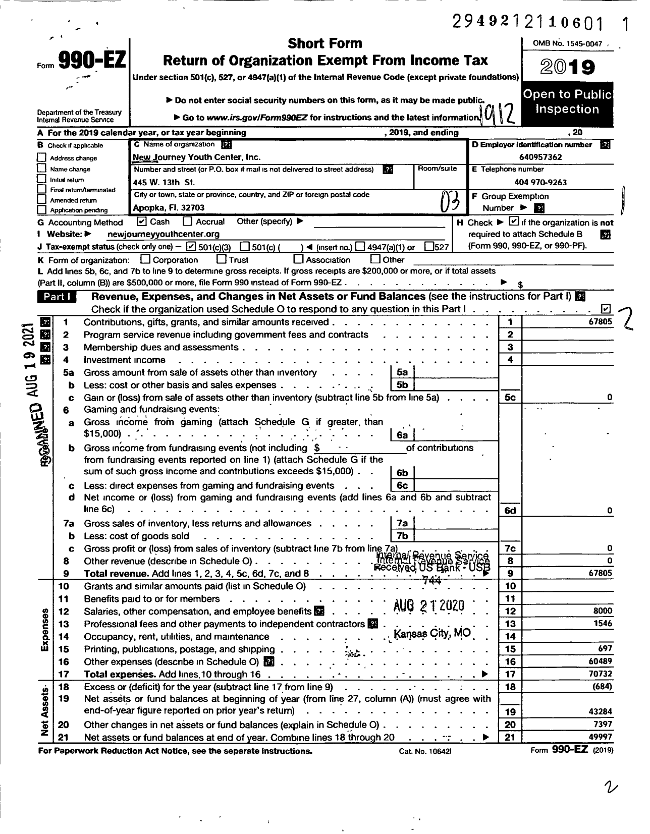 Image of first page of 2019 Form 990EZ for New Journey Youth Center