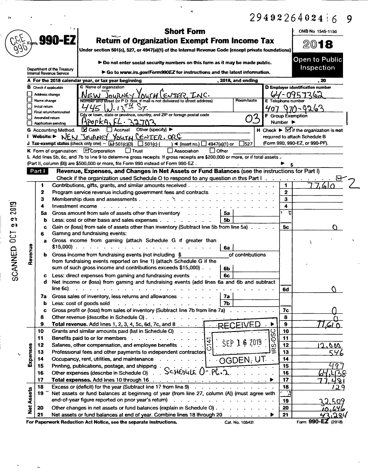 Image of first page of 2018 Form 990EZ for New Journey Youth Center