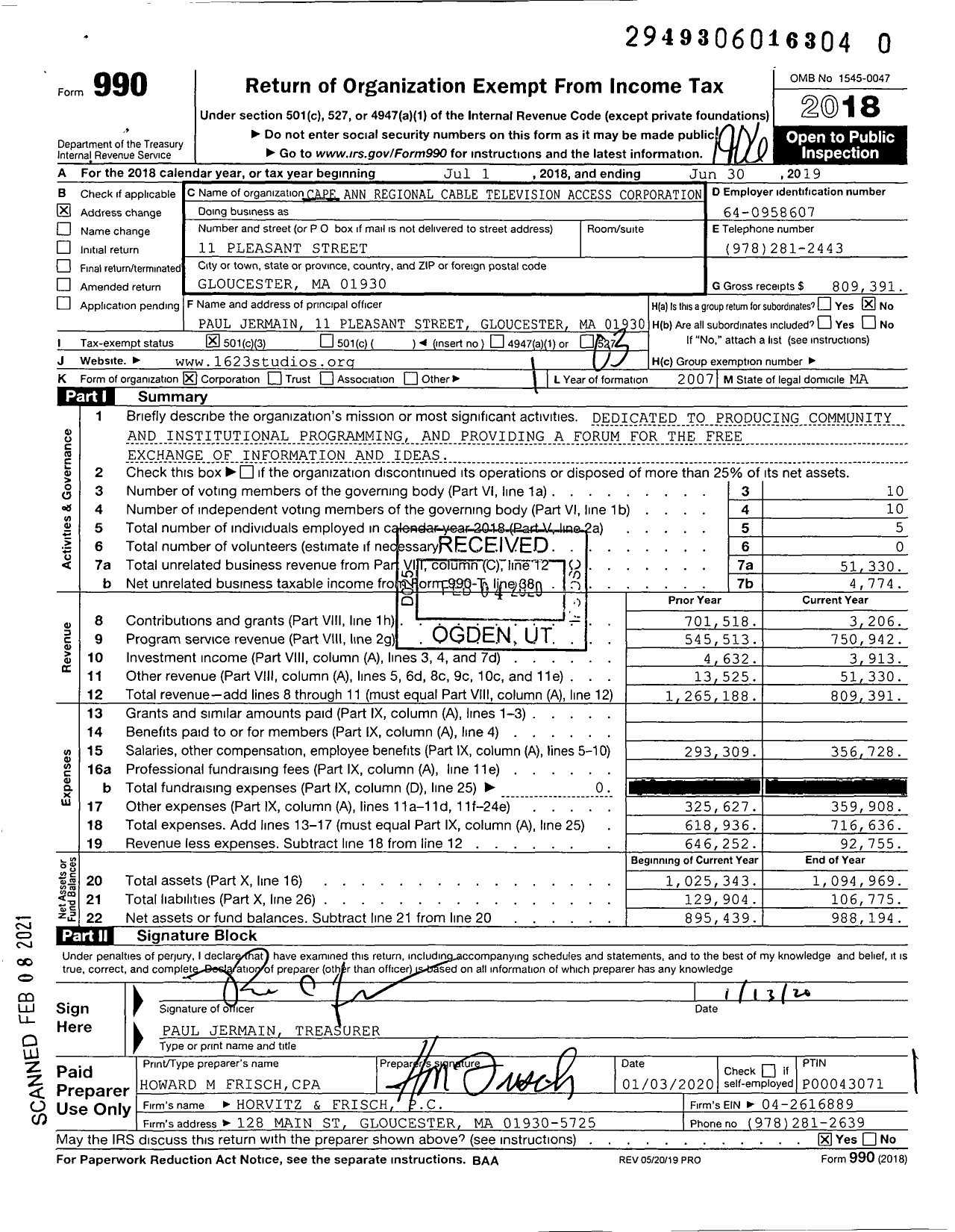 Image of first page of 2018 Form 990 for Cape Ann Regional Cable Television Access Corporation