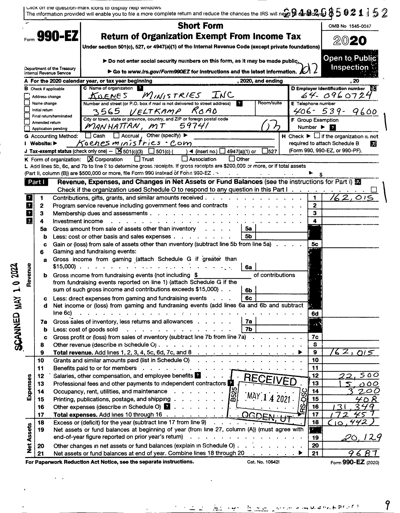 Image of first page of 2020 Form 990EZ for Koenes Ministries