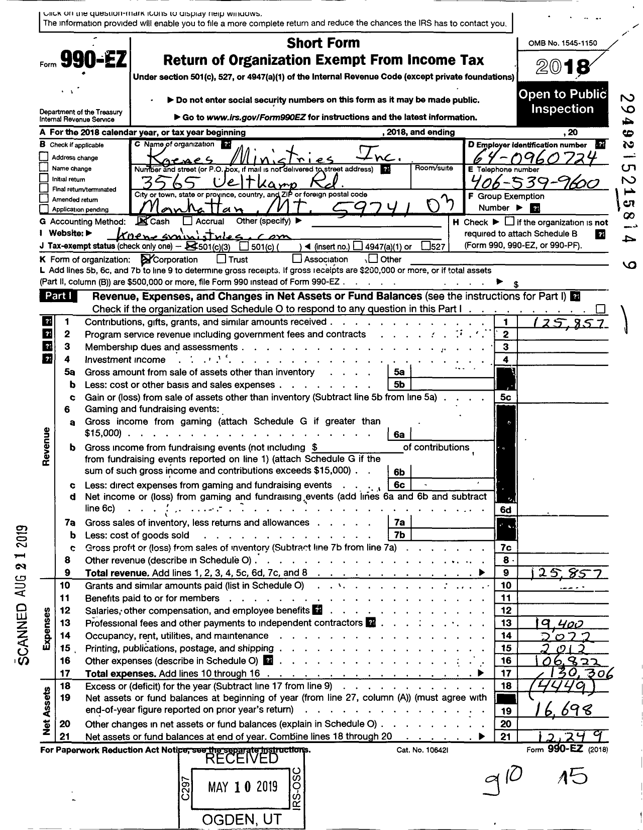 Image of first page of 2018 Form 990EZ for Koenes Ministries