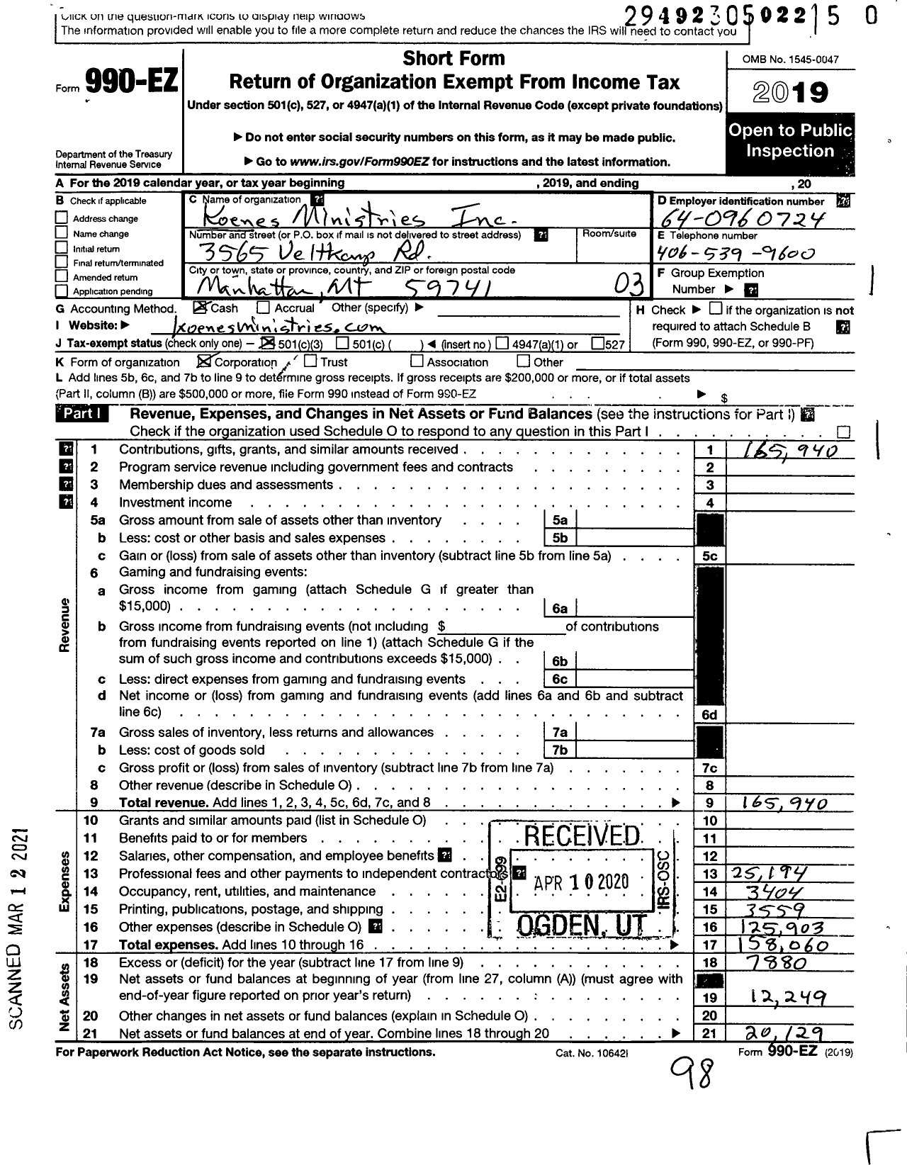 Image of first page of 2019 Form 990EZ for Koenes Ministries