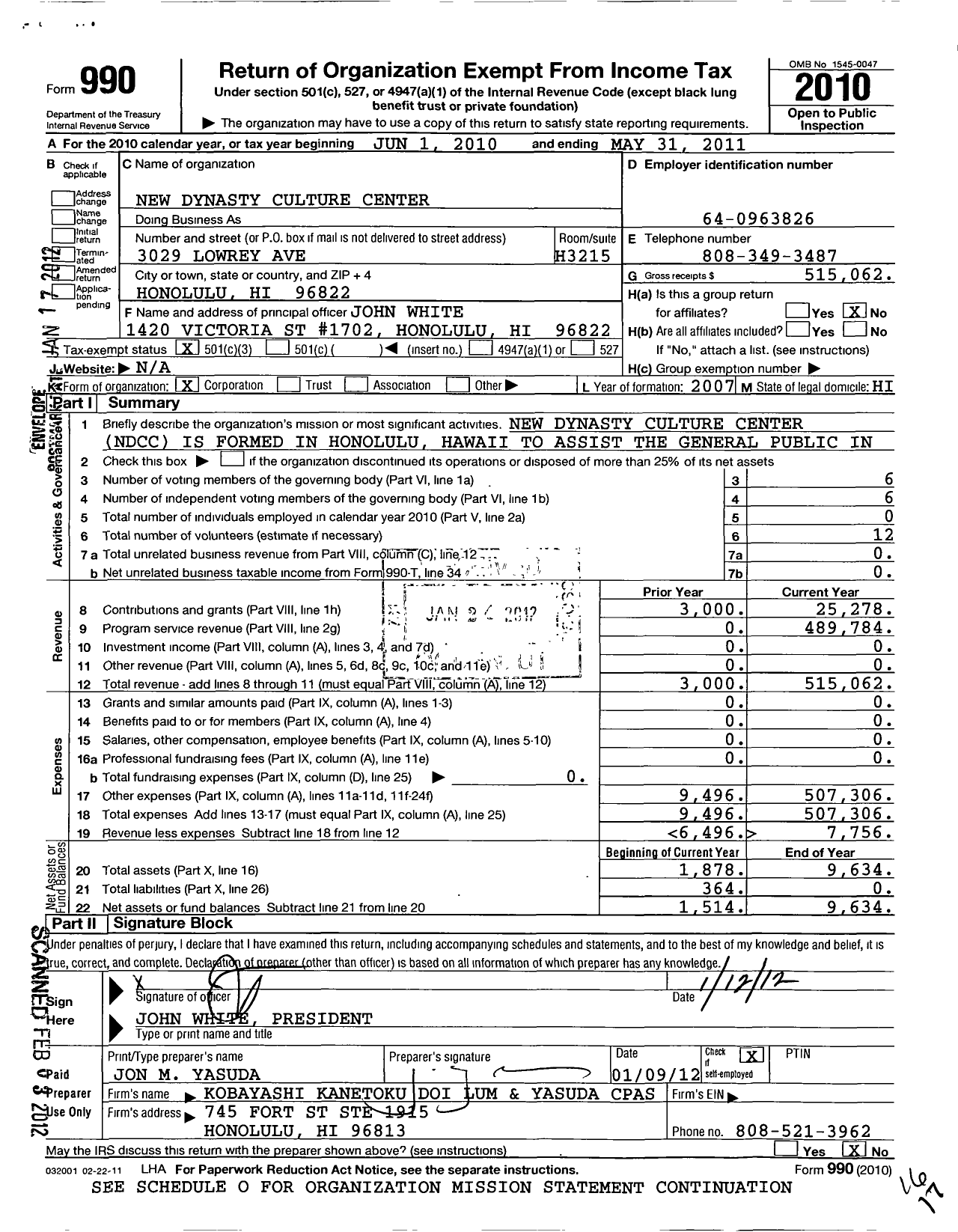 Image of first page of 2010 Form 990 for New Dynasty Culture Center