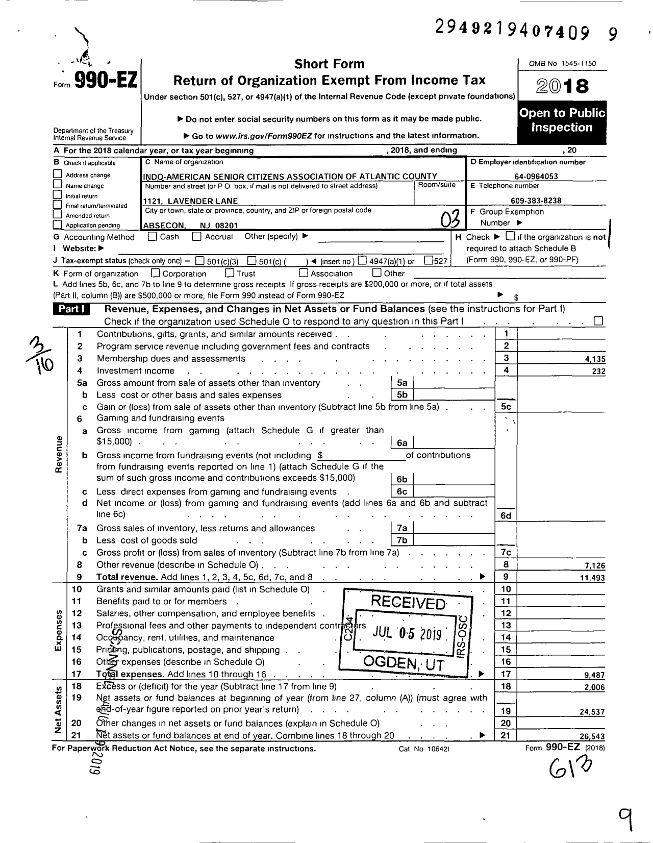 Image of first page of 2018 Form 990EZ for Indo-American Senior Citizens of Atlantic County