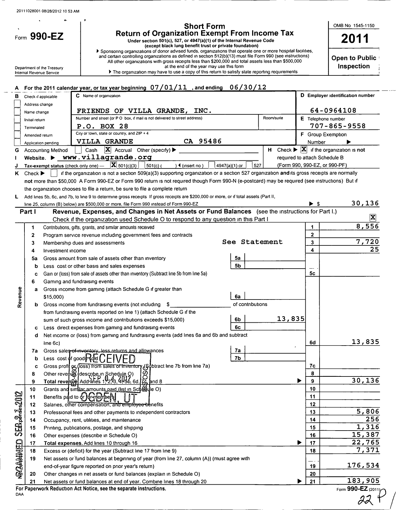 Image of first page of 2011 Form 990EZ for Friends of Villa Grande