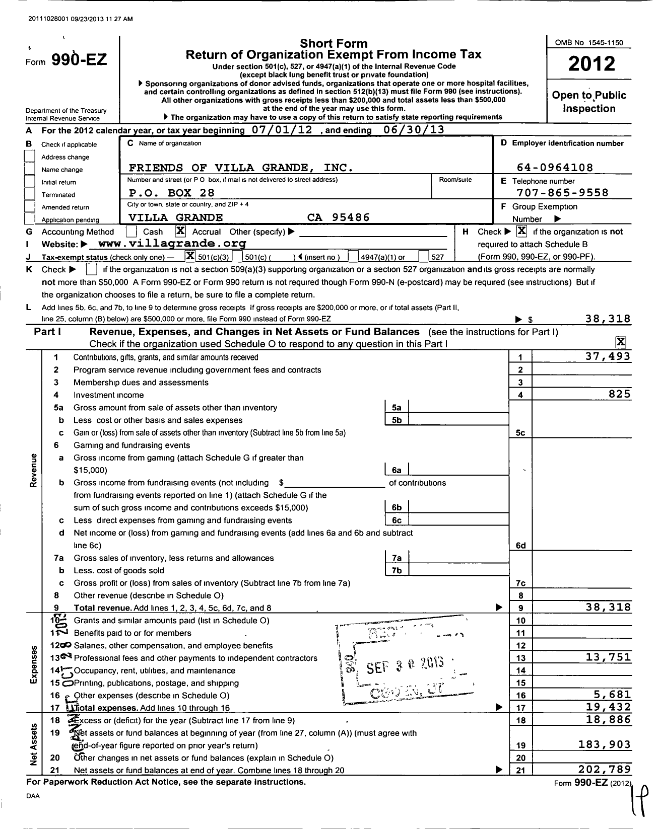 Image of first page of 2012 Form 990EZ for Friends of Villa Grande