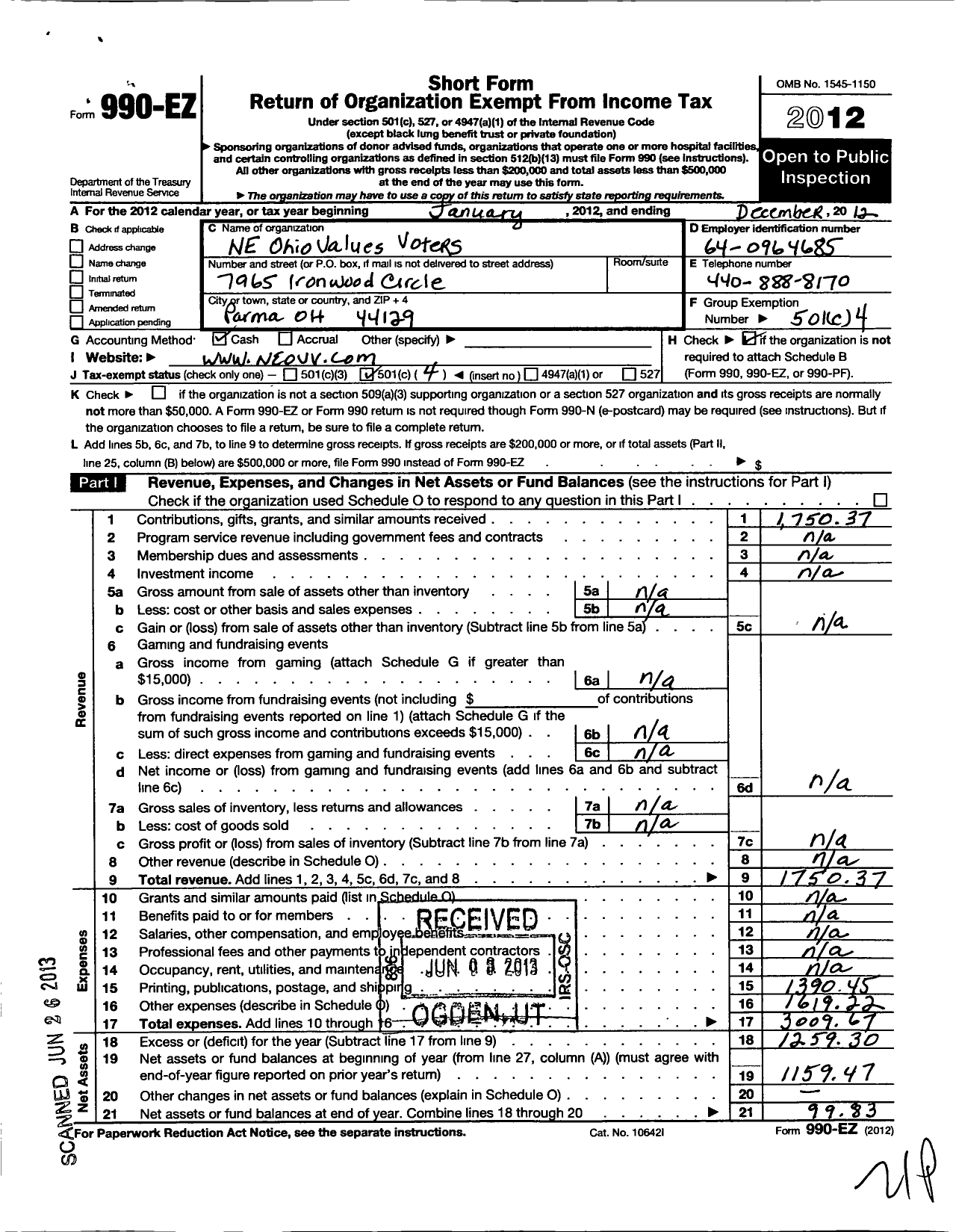 Image of first page of 2012 Form 990EO for Ohio Values Voters