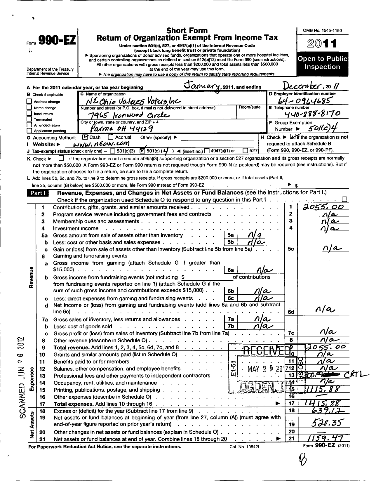 Image of first page of 2011 Form 990EO for Ohio Values Voters