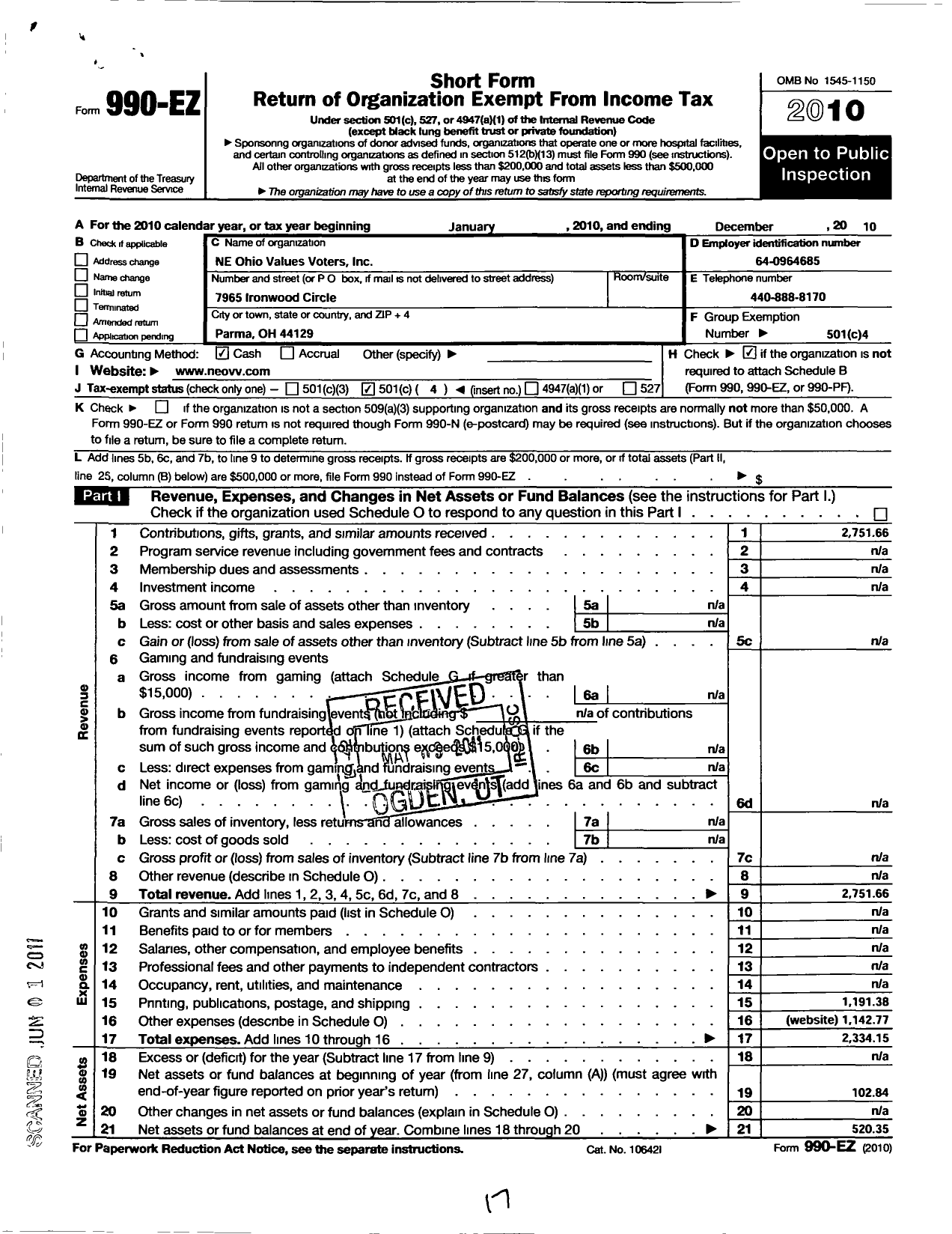 Image of first page of 2010 Form 990EO for Ohio Values Voters