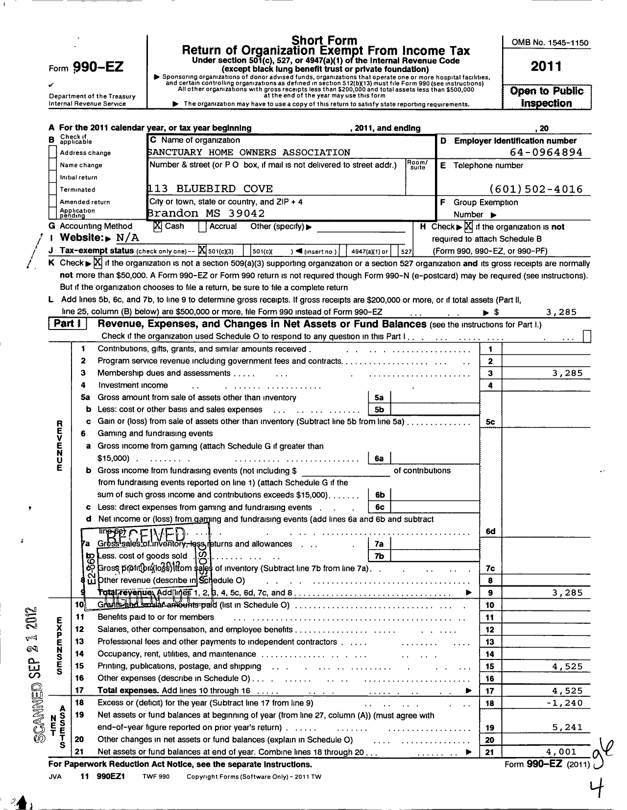 Image of first page of 2011 Form 990EZ for Sanctuary Home Owners Association