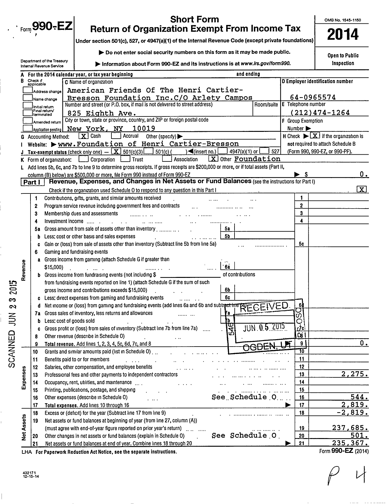 Image of first page of 2014 Form 990EZ for American Friends of The Henri-Cartier Bresson Foundation