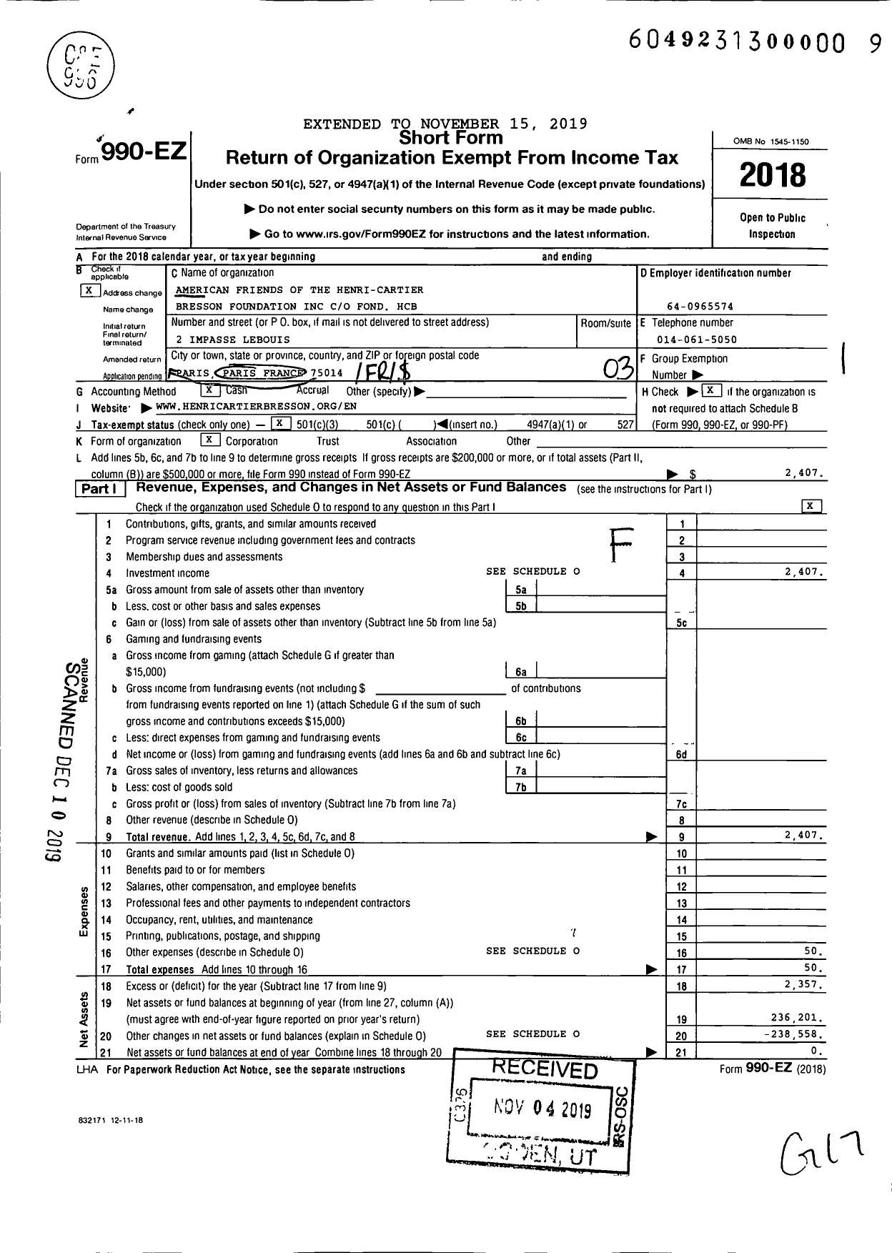 Image of first page of 2018 Form 990EZ for American Friends of The Henri-Cartier Bresson Foundation